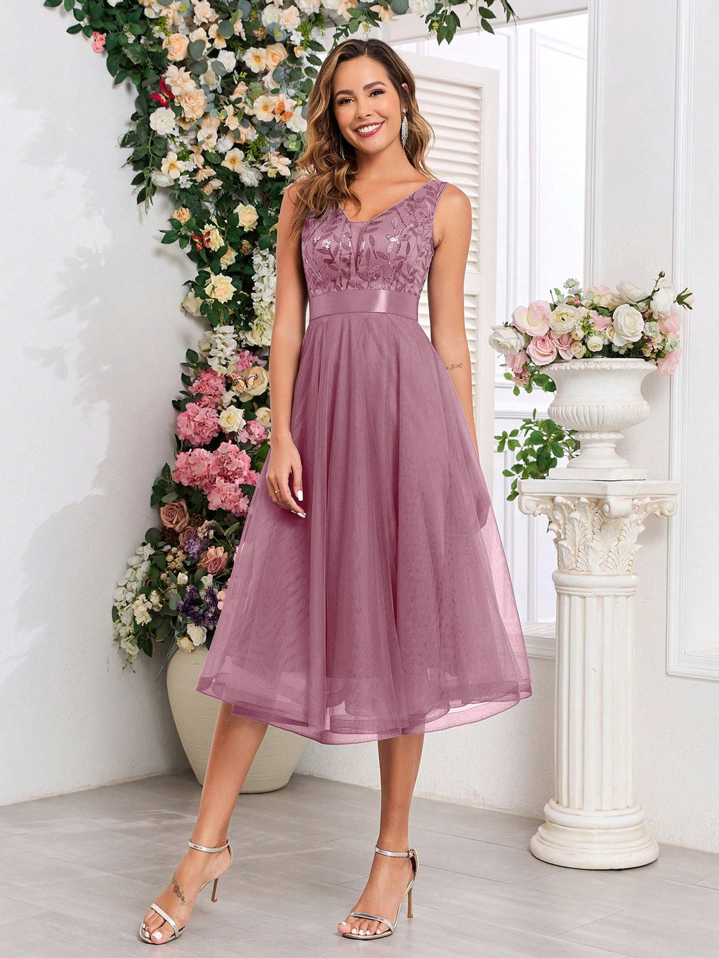 XUCTHHC Elegant V-Neck Sleeveless Sequin Embroidery & Mesh A-Line Bridesmaid Dress Wedding - image 10
