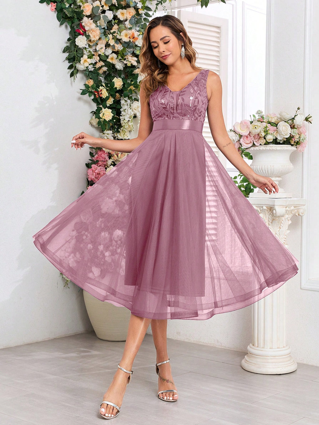 XUCTHHC Elegant V-Neck Sleeveless Sequin Embroidery & Mesh A-Line Bridesmaid Dress Wedding - image 18