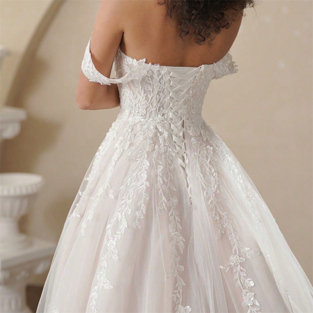 BEPEITHY Off The Shoulder Champagne Inside Ivory Outside Beach Wedding Dresses 2025 Sleeveless Court Train - image 2