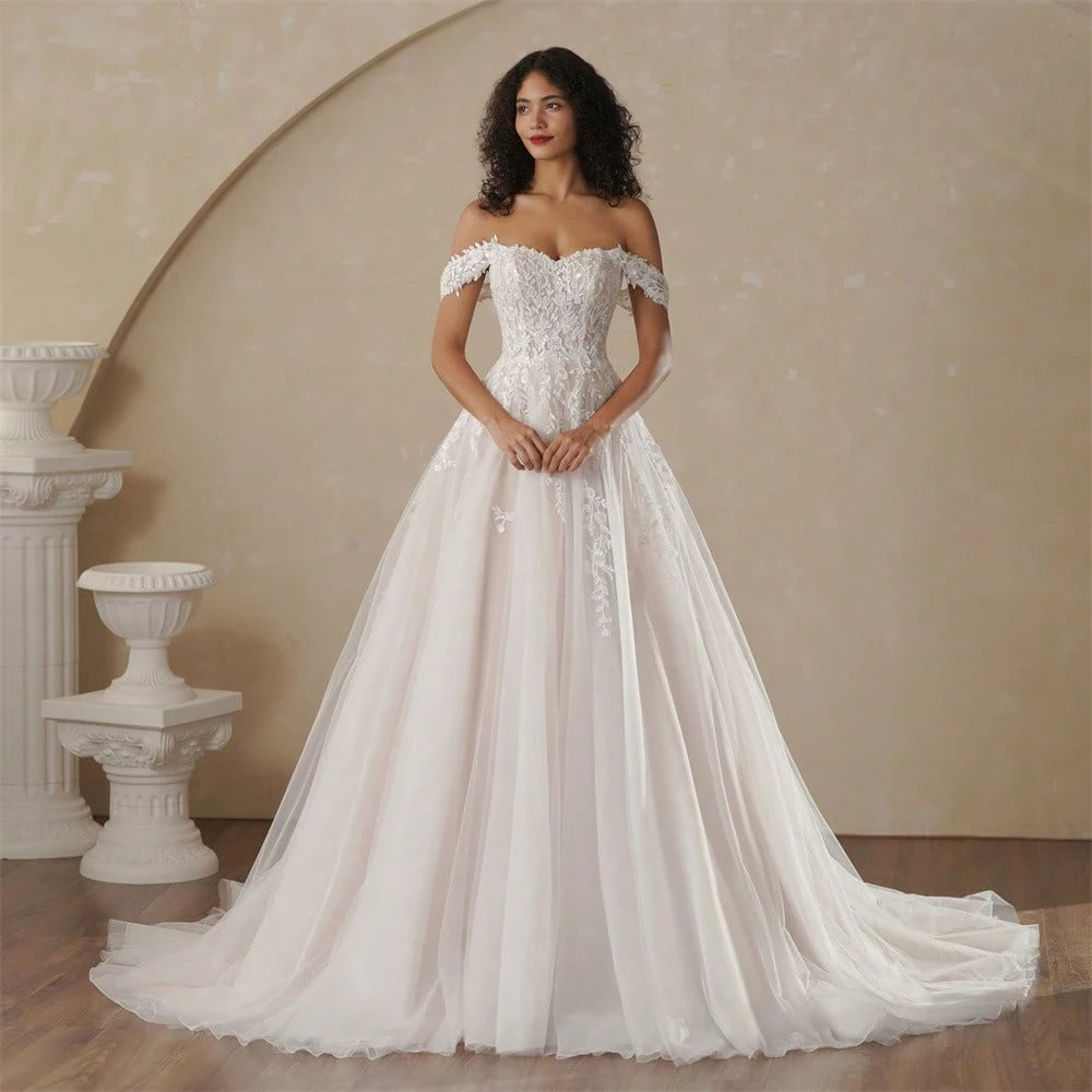 BEPEITHY Off The Shoulder Champagne Inside Ivory Outside Beach Wedding Dresses 2025 Sleeveless Court Train