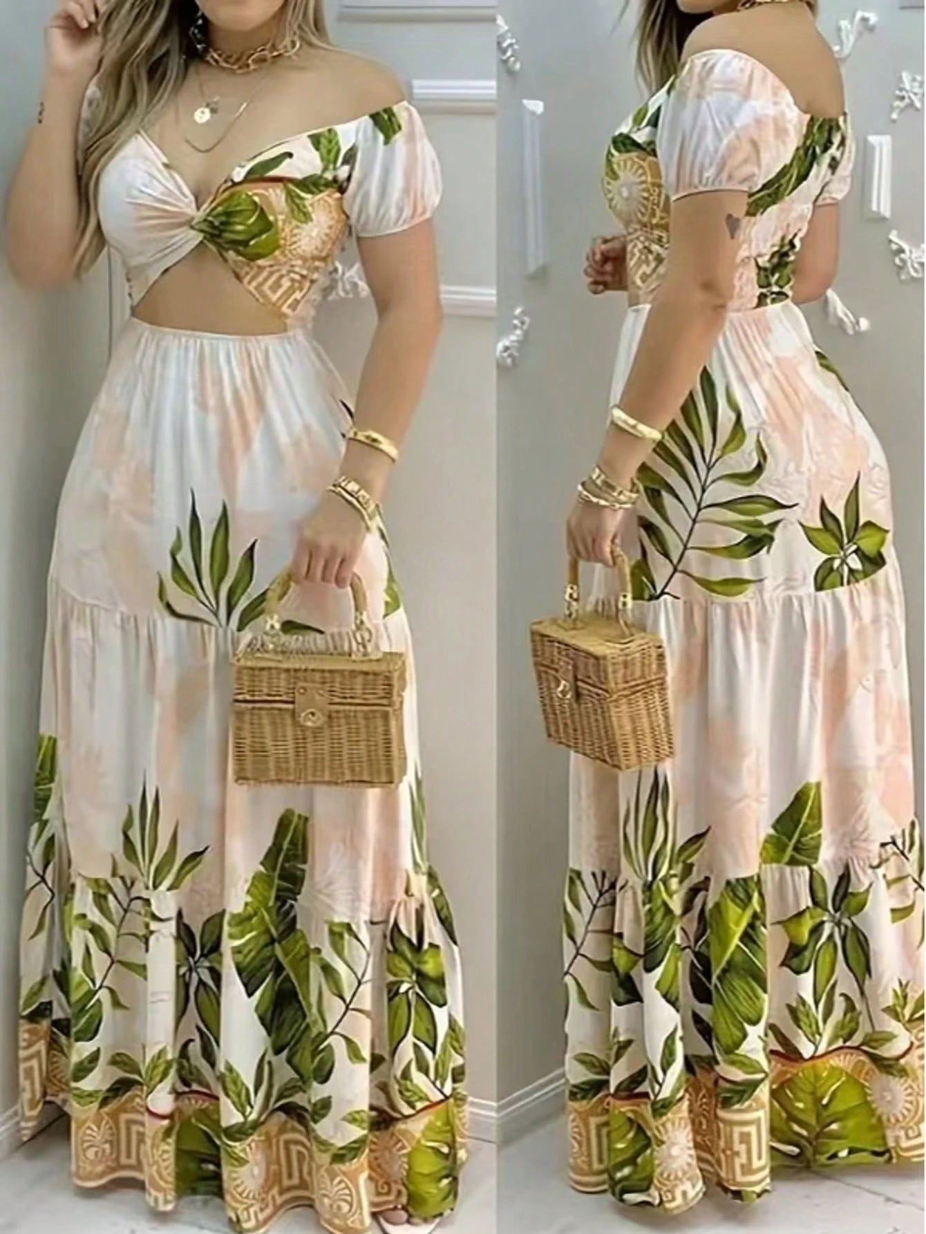 Women's Holiday Casual Tropical Print Off Shoulder Twist Hollow Midi Dress Summer Vacation Elegant - image 2