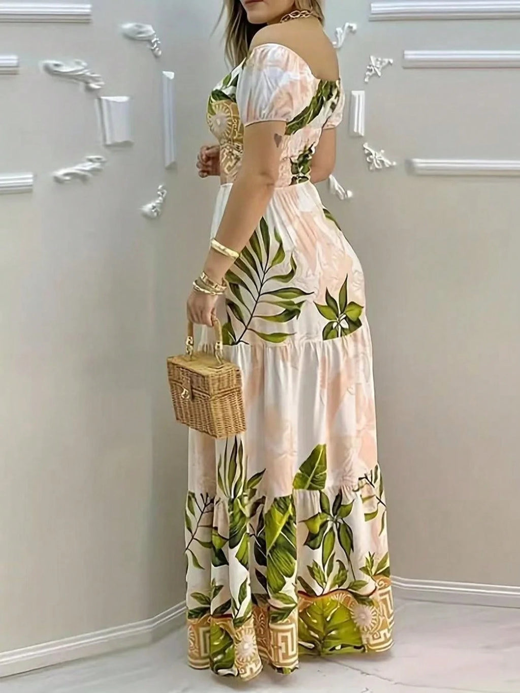 Women's Holiday Casual Tropical Print Off Shoulder Twist Hollow Midi Dress Summer Vacation Elegant - image 3