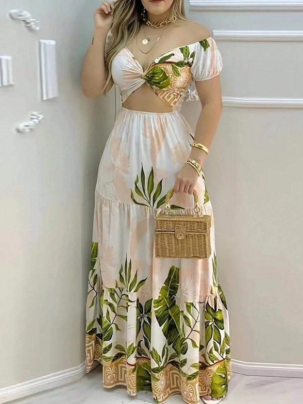 Women's Holiday Casual Tropical Print Off Shoulder Twist Hollow Midi Dress Summer Vacation Elegant