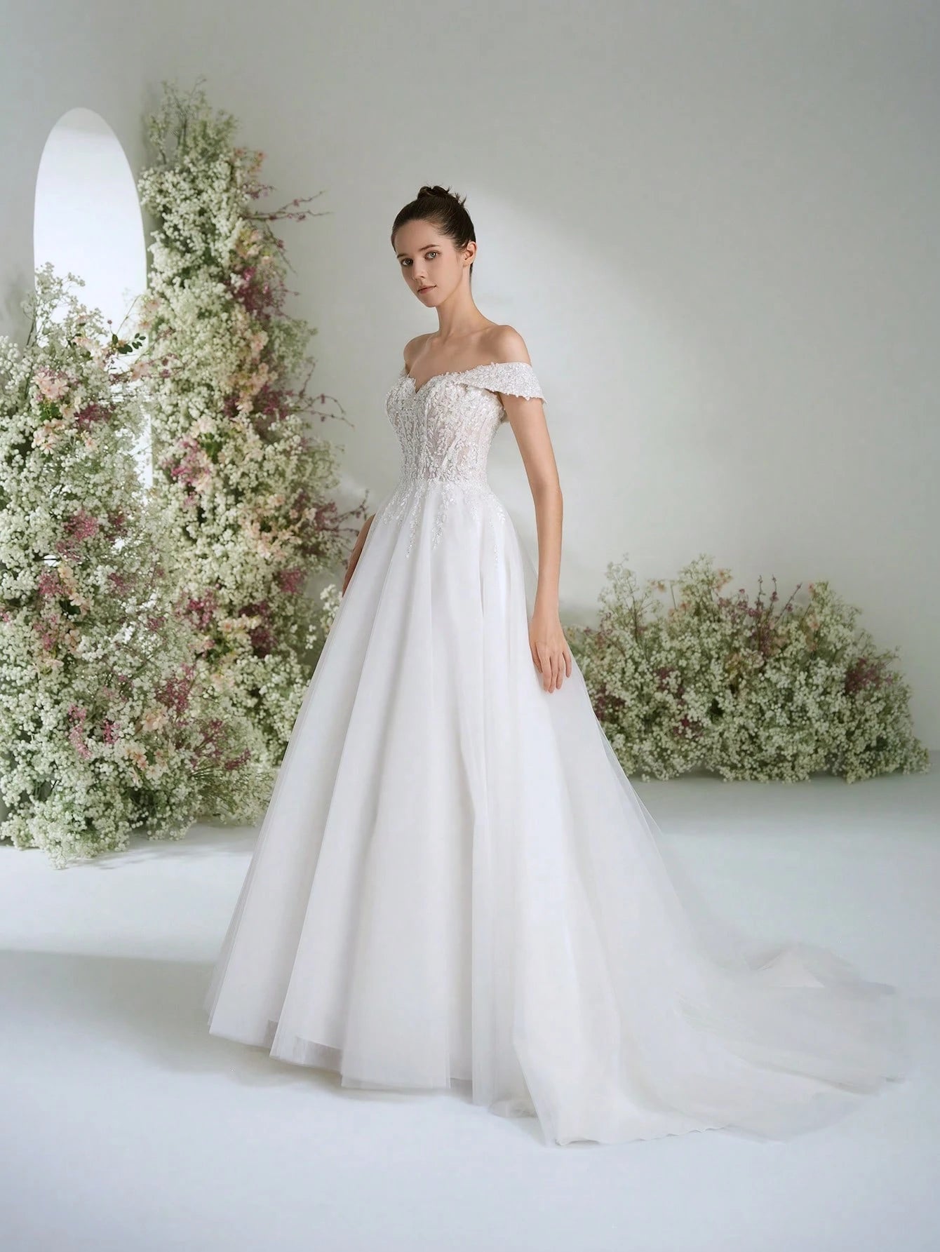 Gorgeous Noble Off The Shoulder Florence White Lace Applique Long Dresses For Women, Extra-Large A-Line Puff - image 4