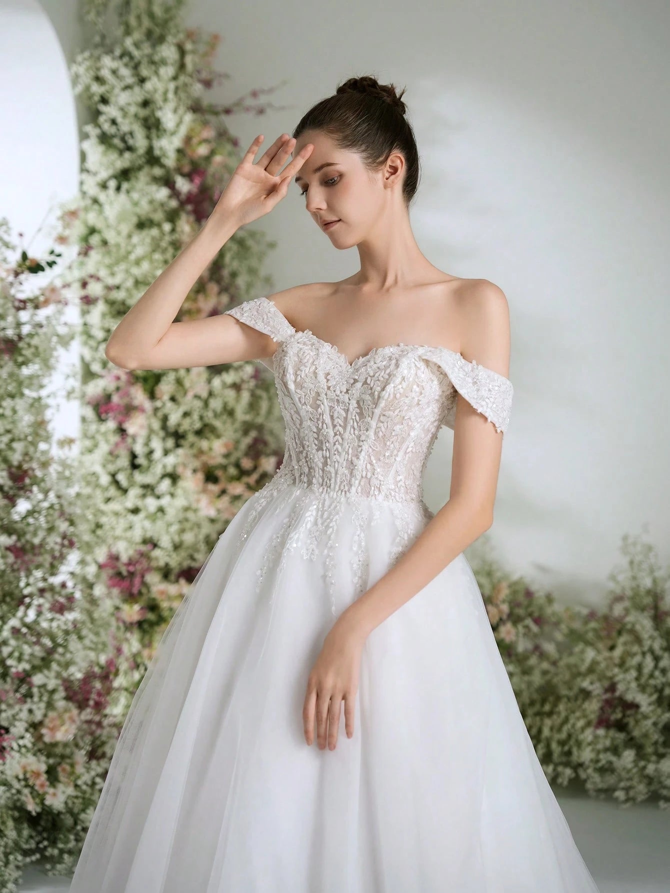 Gorgeous Noble Off The Shoulder Florence White Lace Applique Long Dresses For Women, Extra-Large A-Line Puff - image 2