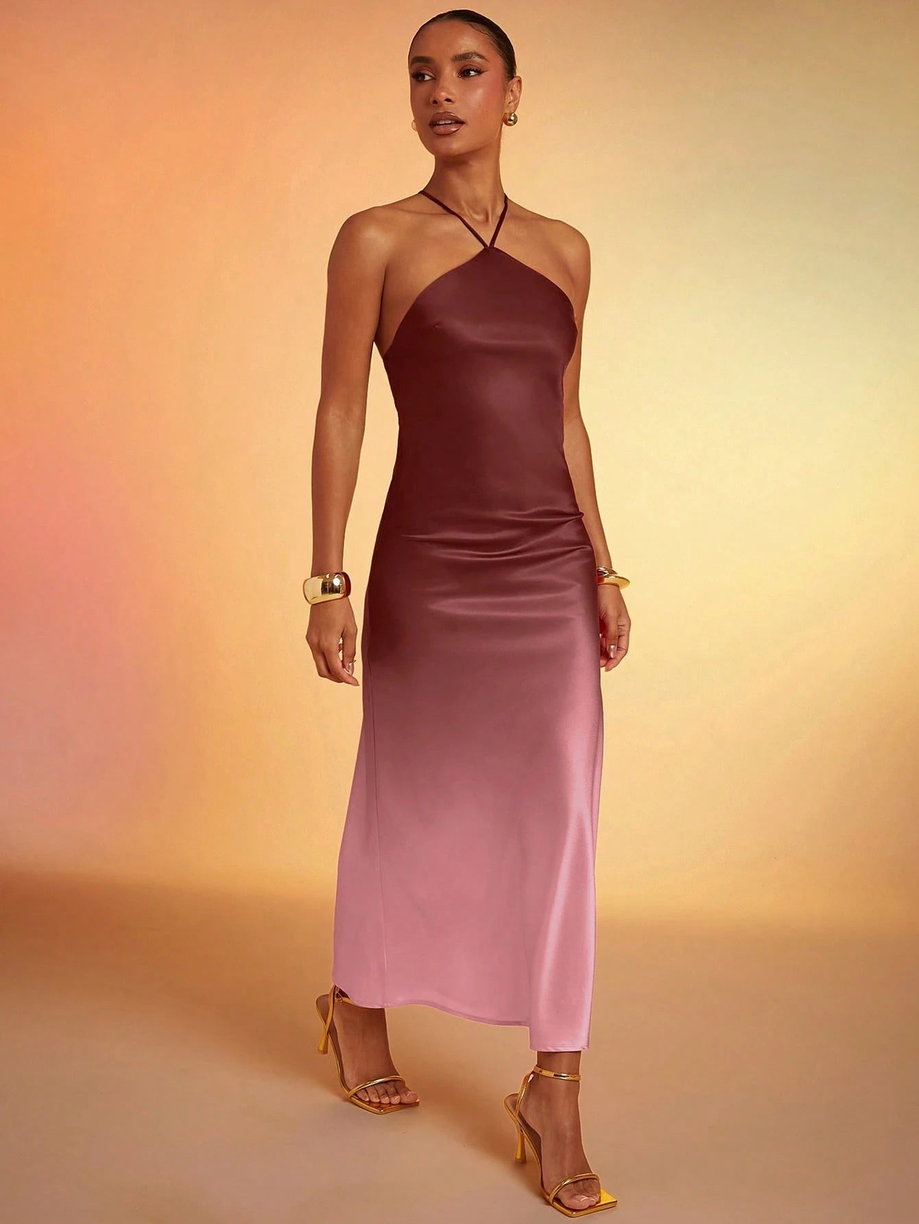 Hauture Ombre Satin Strappy Halter Backless Maxi Dress,Bodycon Dress - image 18