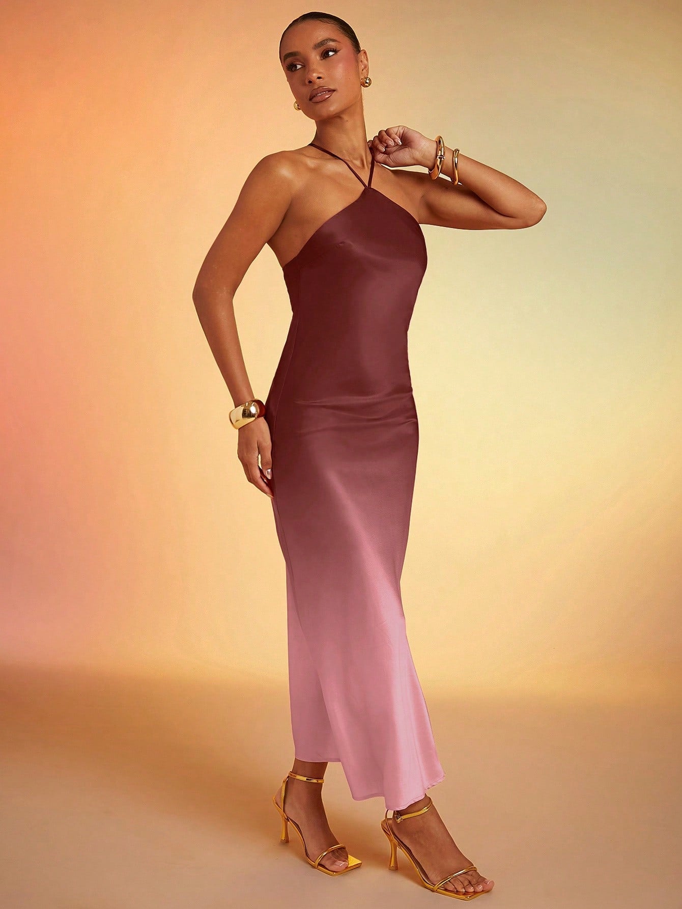 Hauture Ombre Satin Strappy Halter Backless Maxi Dress,Bodycon Dress - image 19