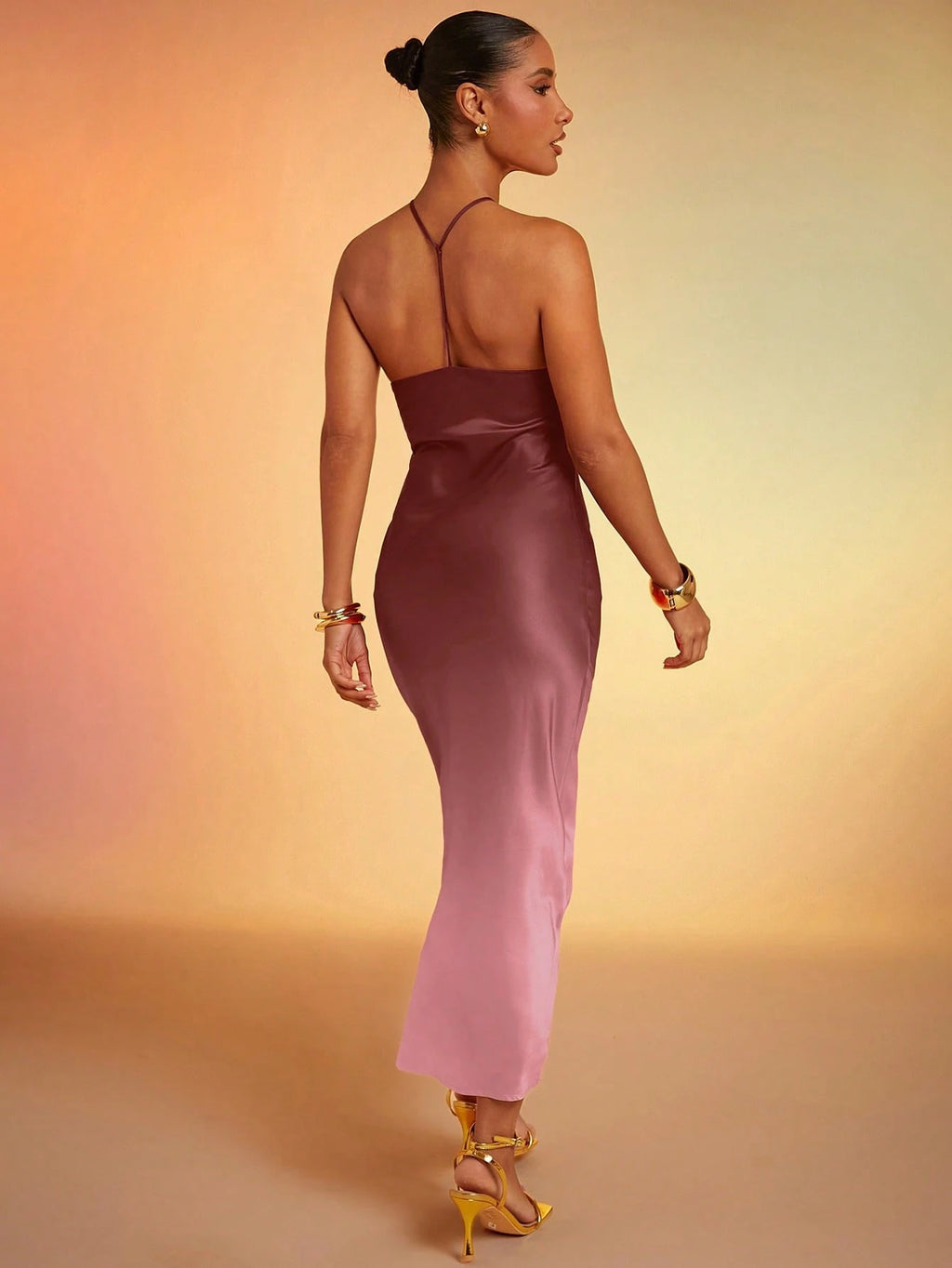 Hauture Ombre Satin Strappy Halter Backless Maxi Dress,Bodycon Dress - image 20