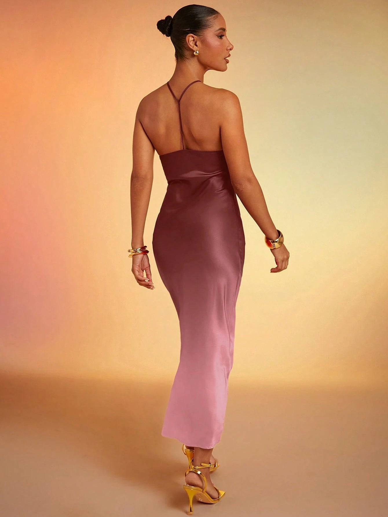 Hauture Ombre Satin Strappy Halter Backless Maxi Dress,Bodycon Dress - image 20