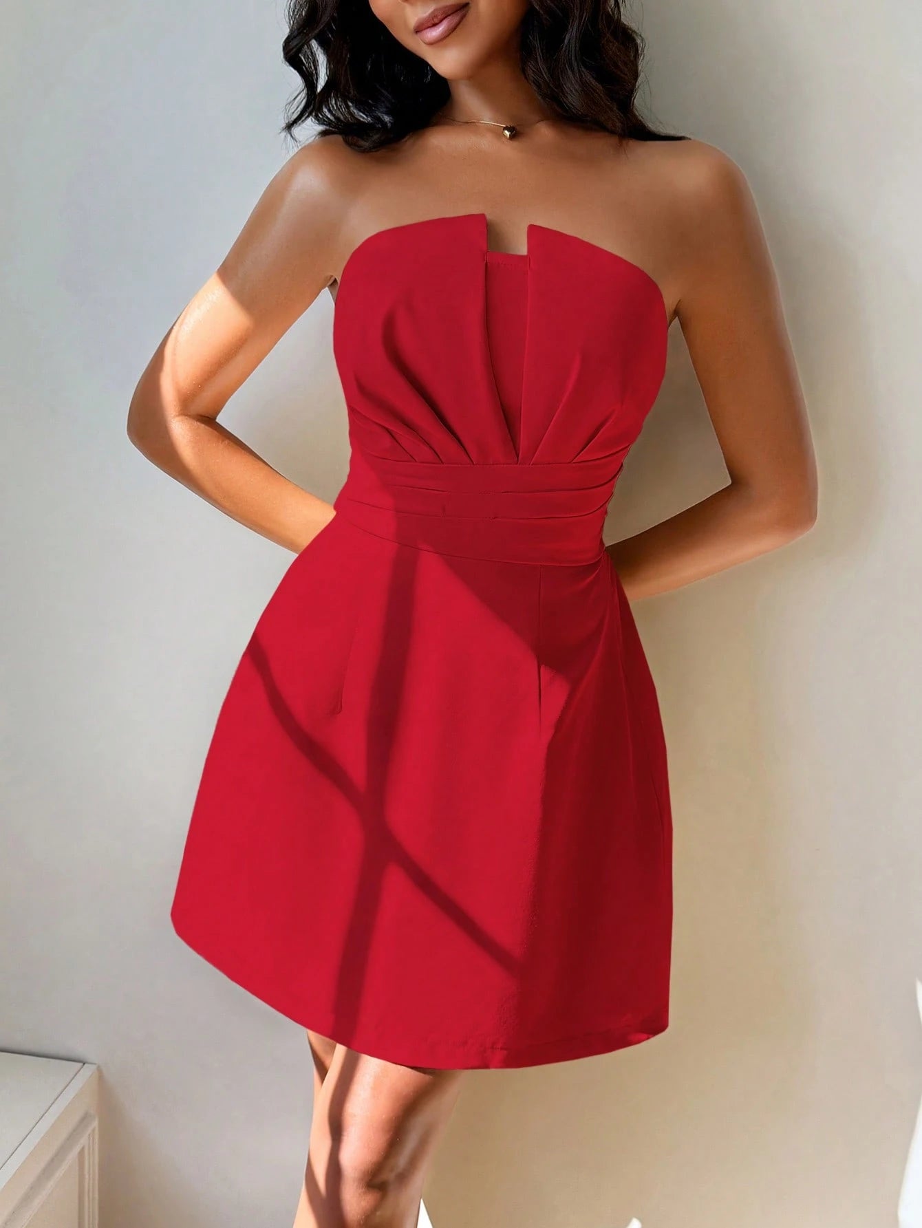 Women's Elegant Sexy Strapless Solid Color Dress Summer Red - image 14