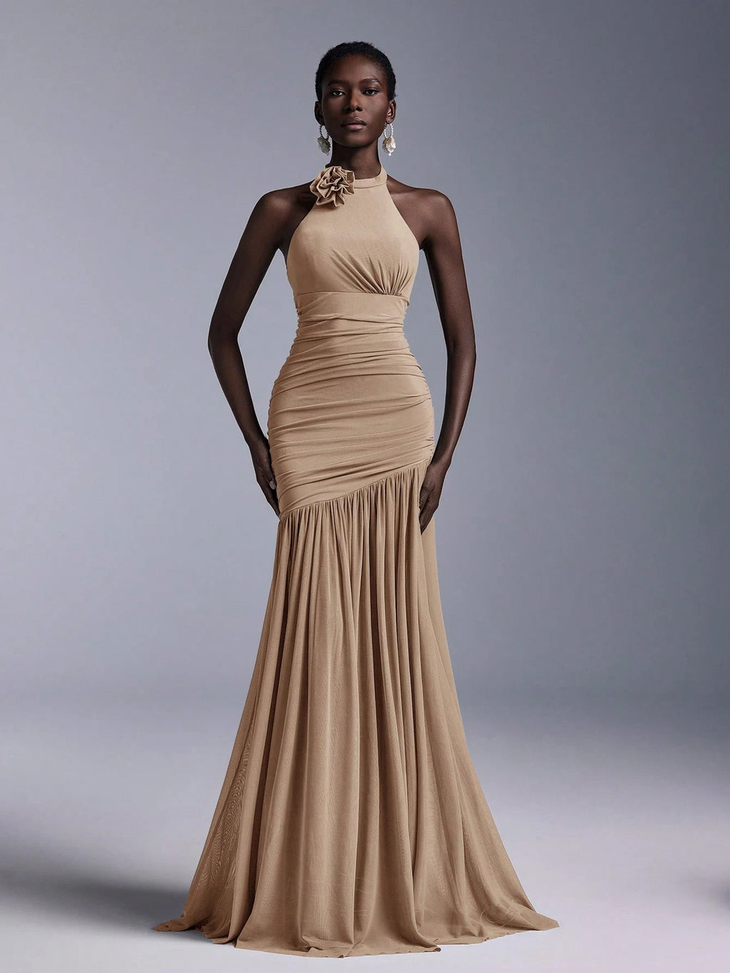 Belle Elegant High Neck Floral Bodice Ruched Mesh Sheer Fishtail Bridesmaid Dress