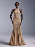 Belle Elegant High Neck Floral Bodice Ruched Mesh Sheer Fishtail Bridesmaid Dress
