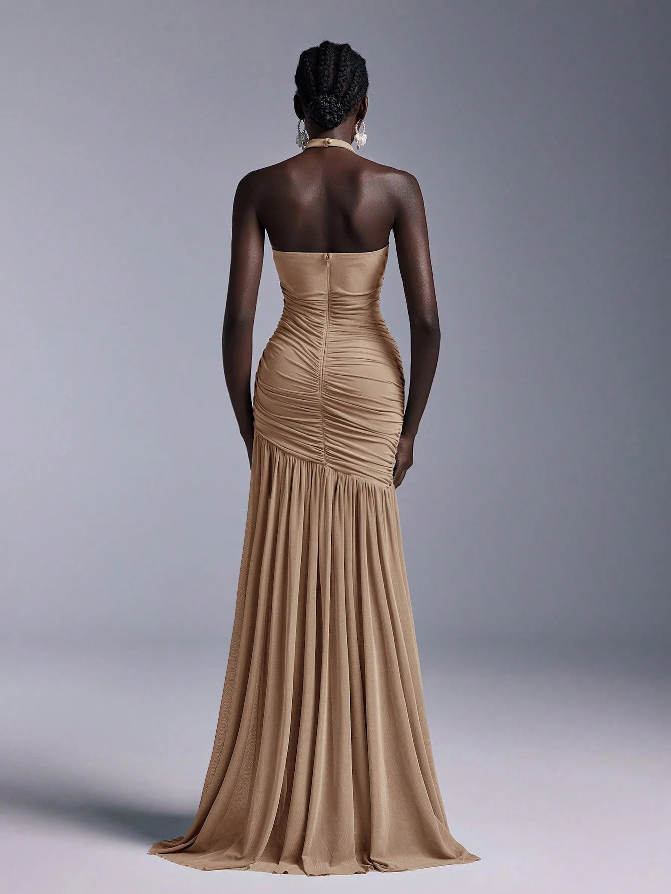 Belle Elegant High Neck Floral Bodice Ruched Mesh Sheer Fishtail Bridesmaid Dress - image 2