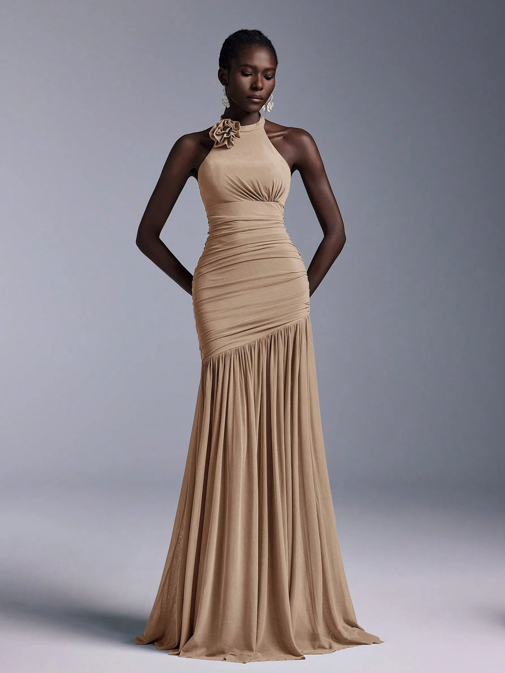 Belle Elegant High Neck Floral Bodice Ruched Mesh Sheer Fishtail Bridesmaid Dress - image 4