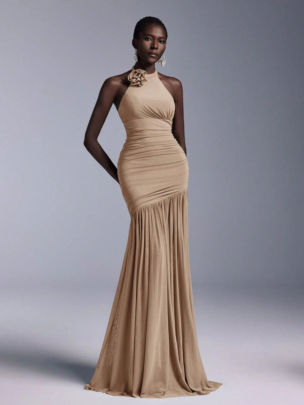 Belle Elegant High Neck Floral Bodice Ruched Mesh Sheer Fishtail Bridesmaid Dress - image 5