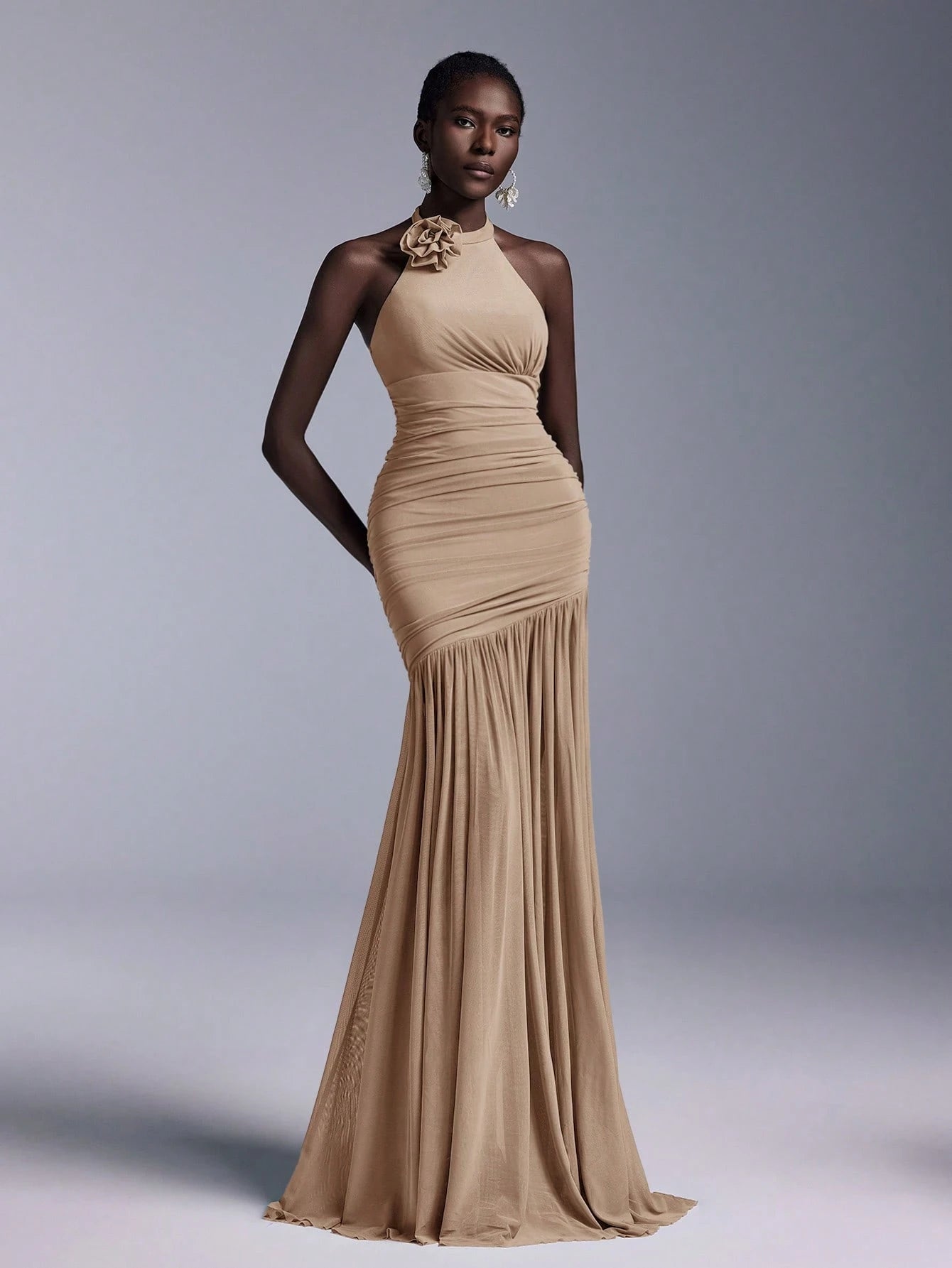 Belle Elegant High Neck Floral Bodice Ruched Mesh Sheer Fishtail Bridesmaid Dress - image 5