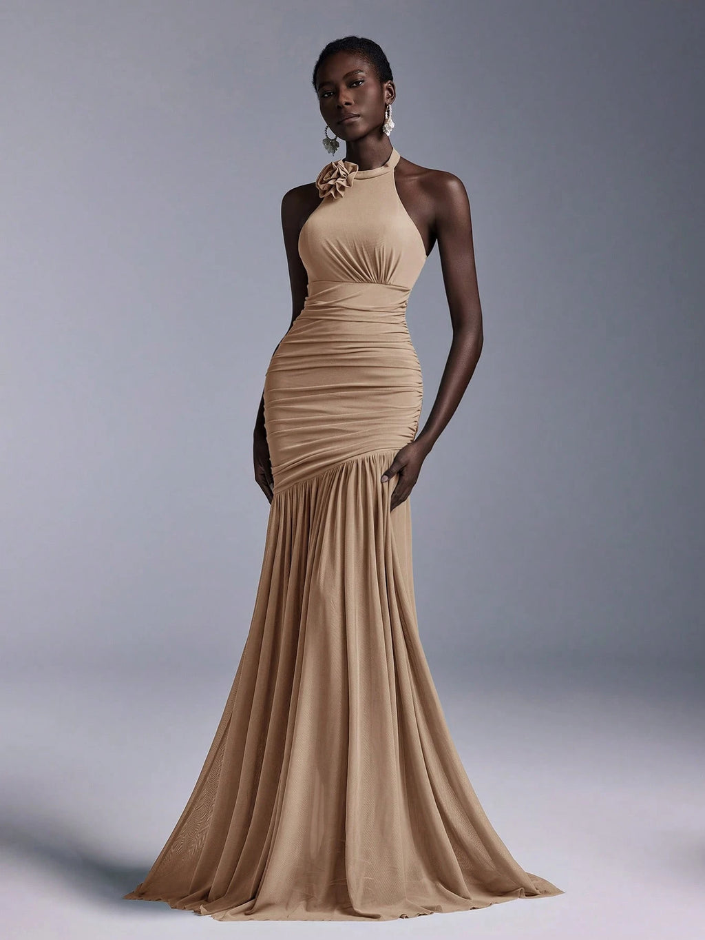 Belle Elegant High Neck Floral Bodice Ruched Mesh Sheer Fishtail Bridesmaid Dress - image 7
