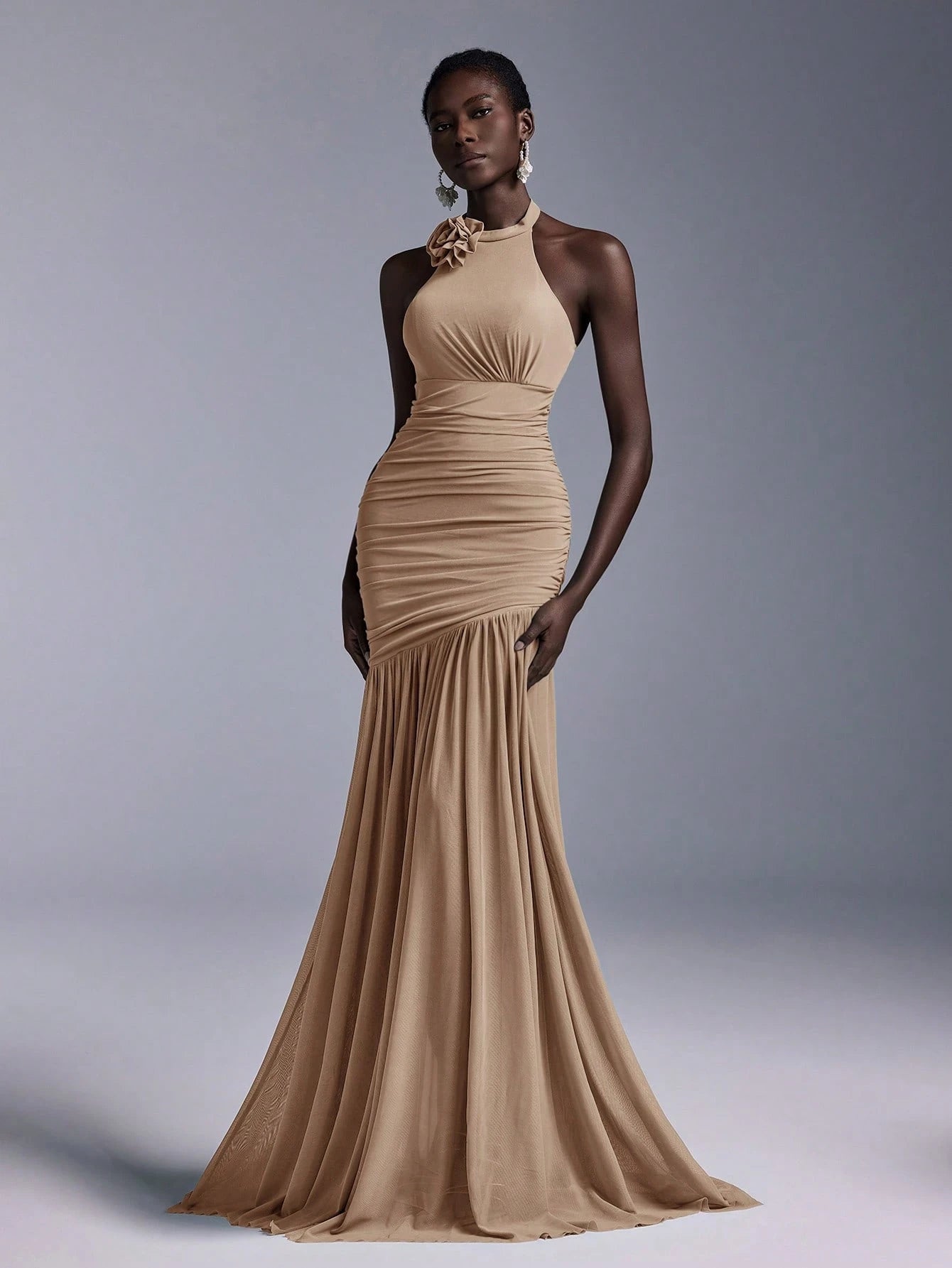 Belle Elegant High Neck Floral Bodice Ruched Mesh Sheer Fishtail Bridesmaid Dress - image 7