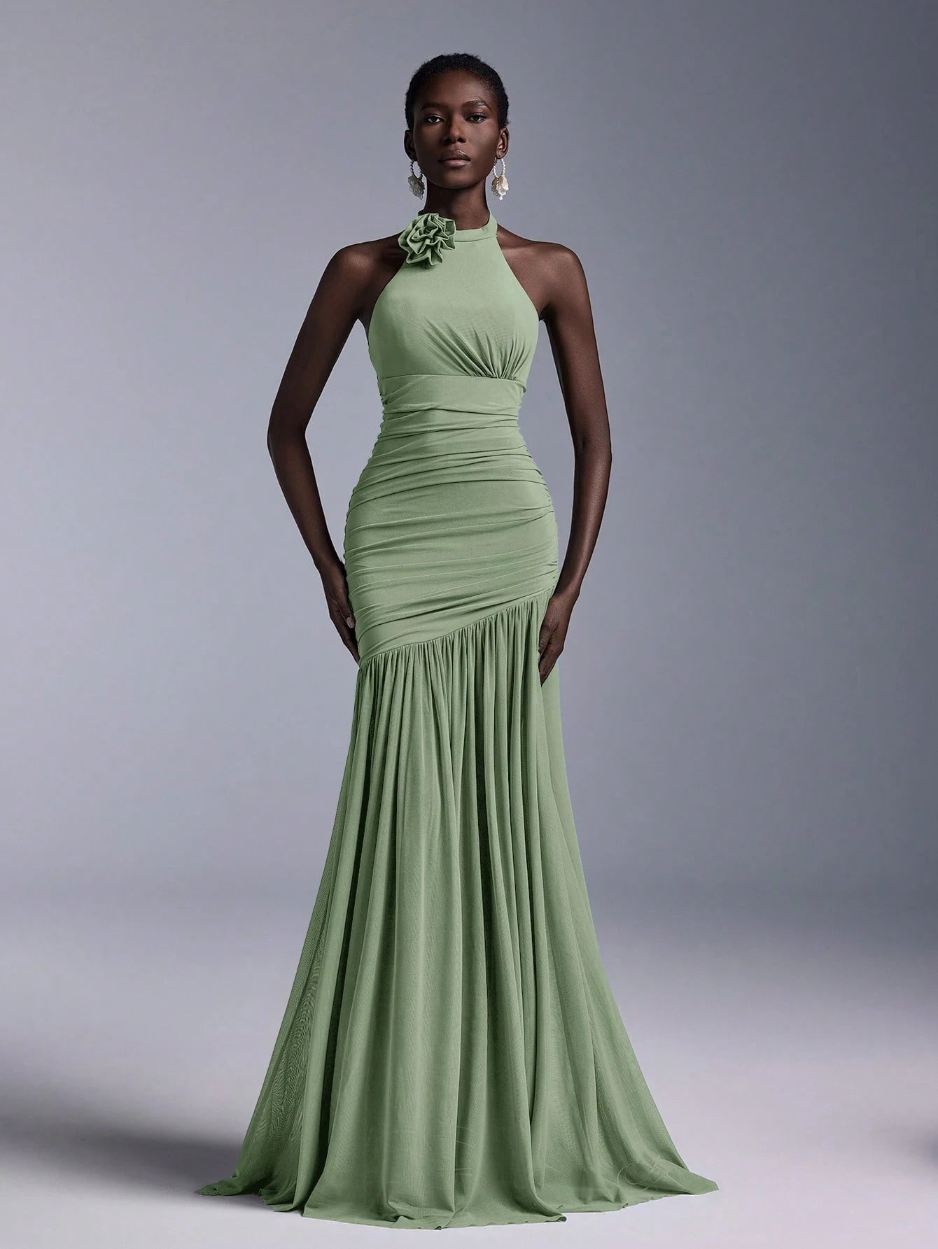 Belle Elegant High Neck Floral Bodice Ruched Mesh Sheer Fishtail Bridesmaid Dress - image 11