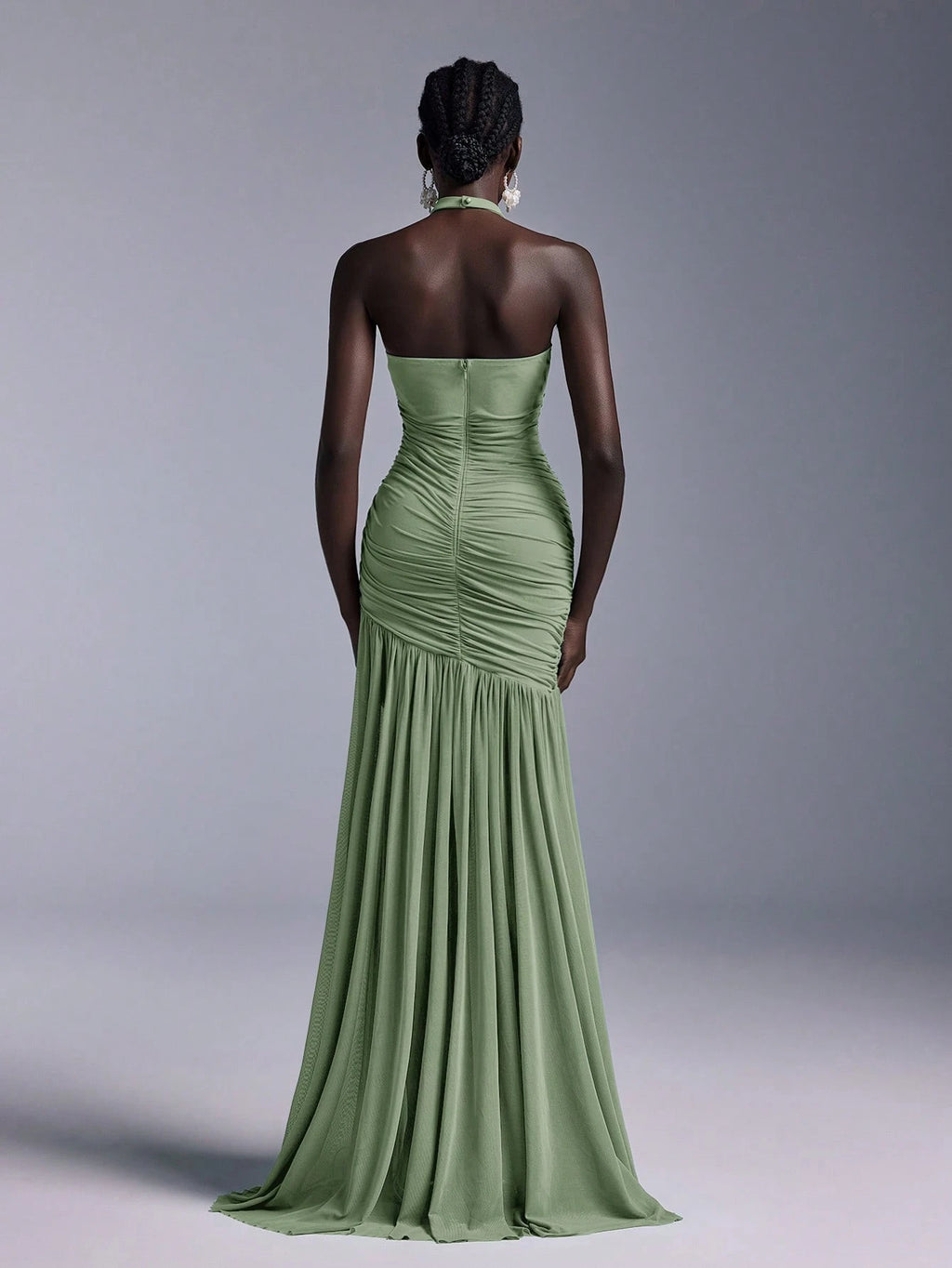 Belle Elegant High Neck Floral Bodice Ruched Mesh Sheer Fishtail Bridesmaid Dress - image 12