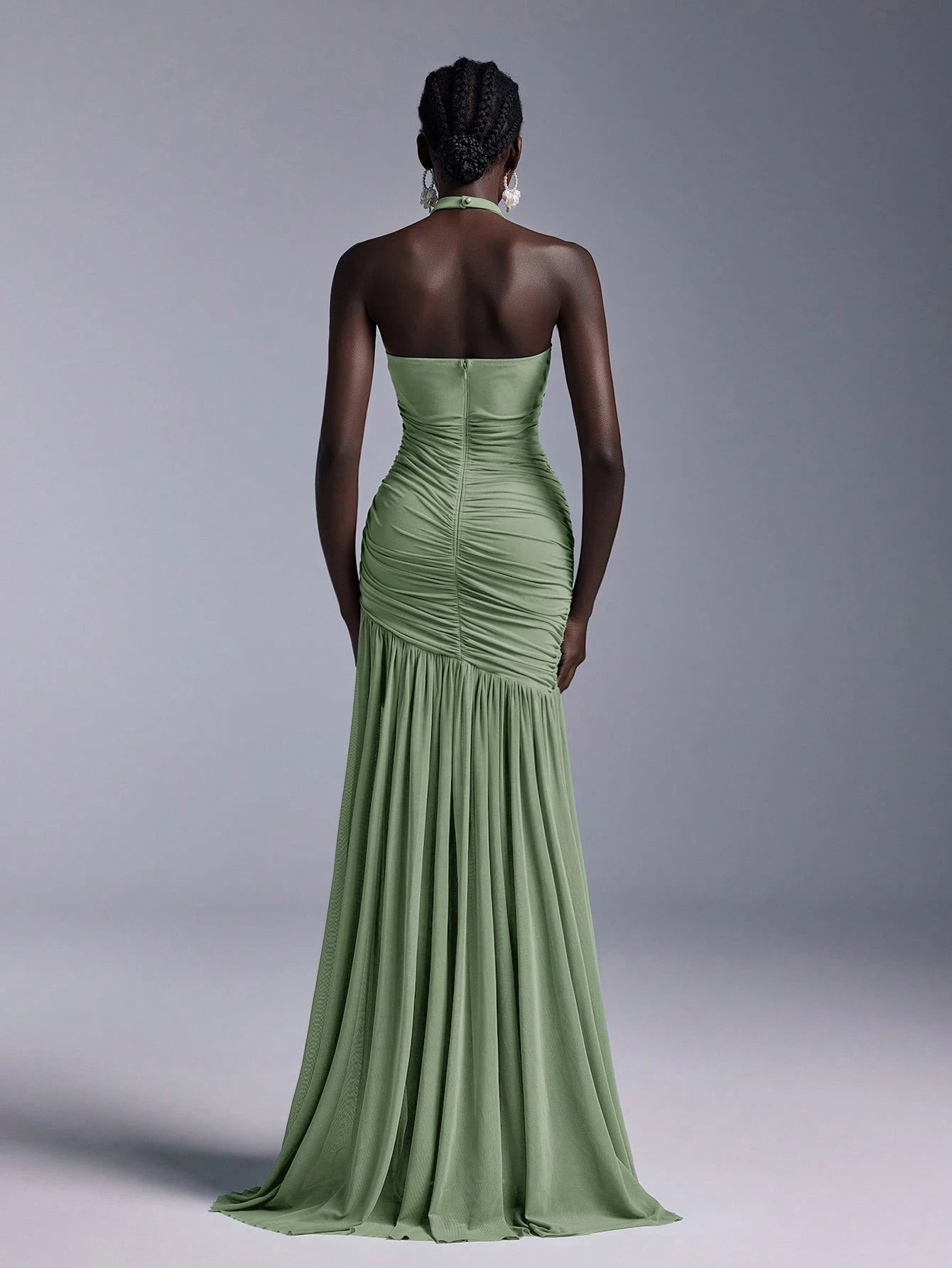 Belle Elegant High Neck Floral Bodice Ruched Mesh Sheer Fishtail Bridesmaid Dress - image 12