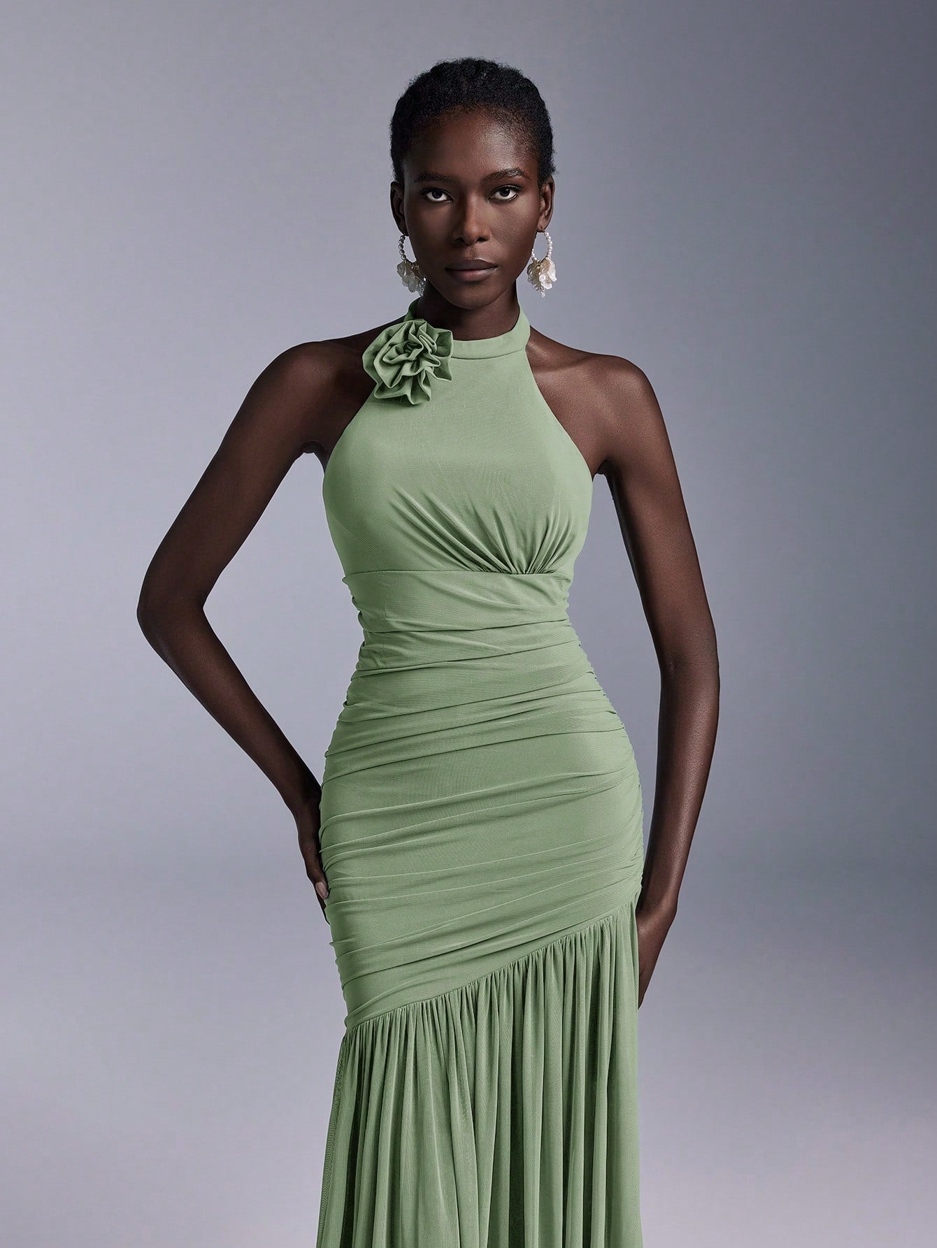 Belle Elegant High Neck Floral Bodice Ruched Mesh Sheer Fishtail Bridesmaid Dress - image 13