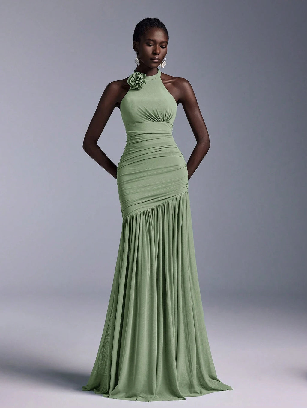 Belle Elegant High Neck Floral Bodice Ruched Mesh Sheer Fishtail Bridesmaid Dress - image 14