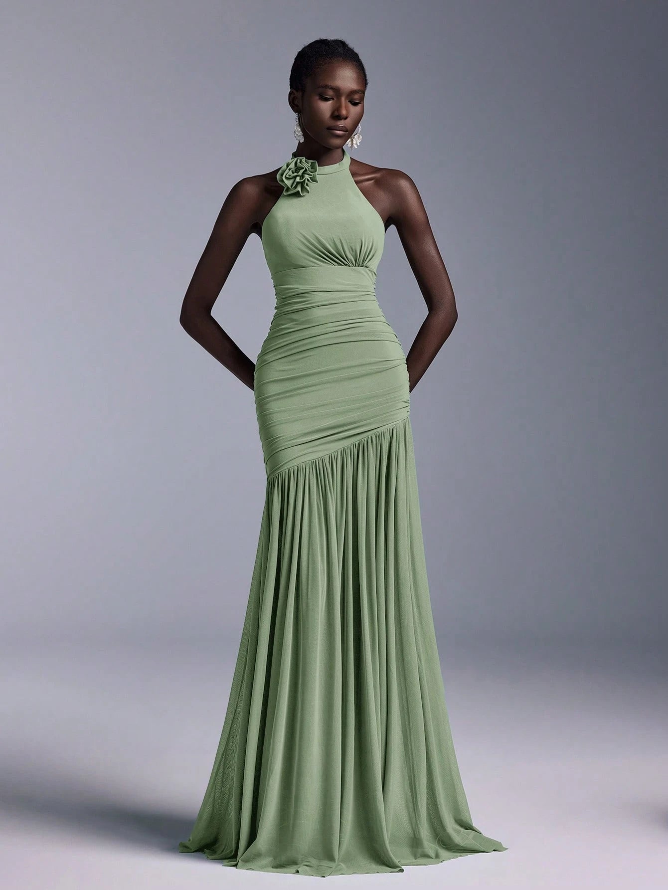 Belle Elegant High Neck Floral Bodice Ruched Mesh Sheer Fishtail Bridesmaid Dress - image 14