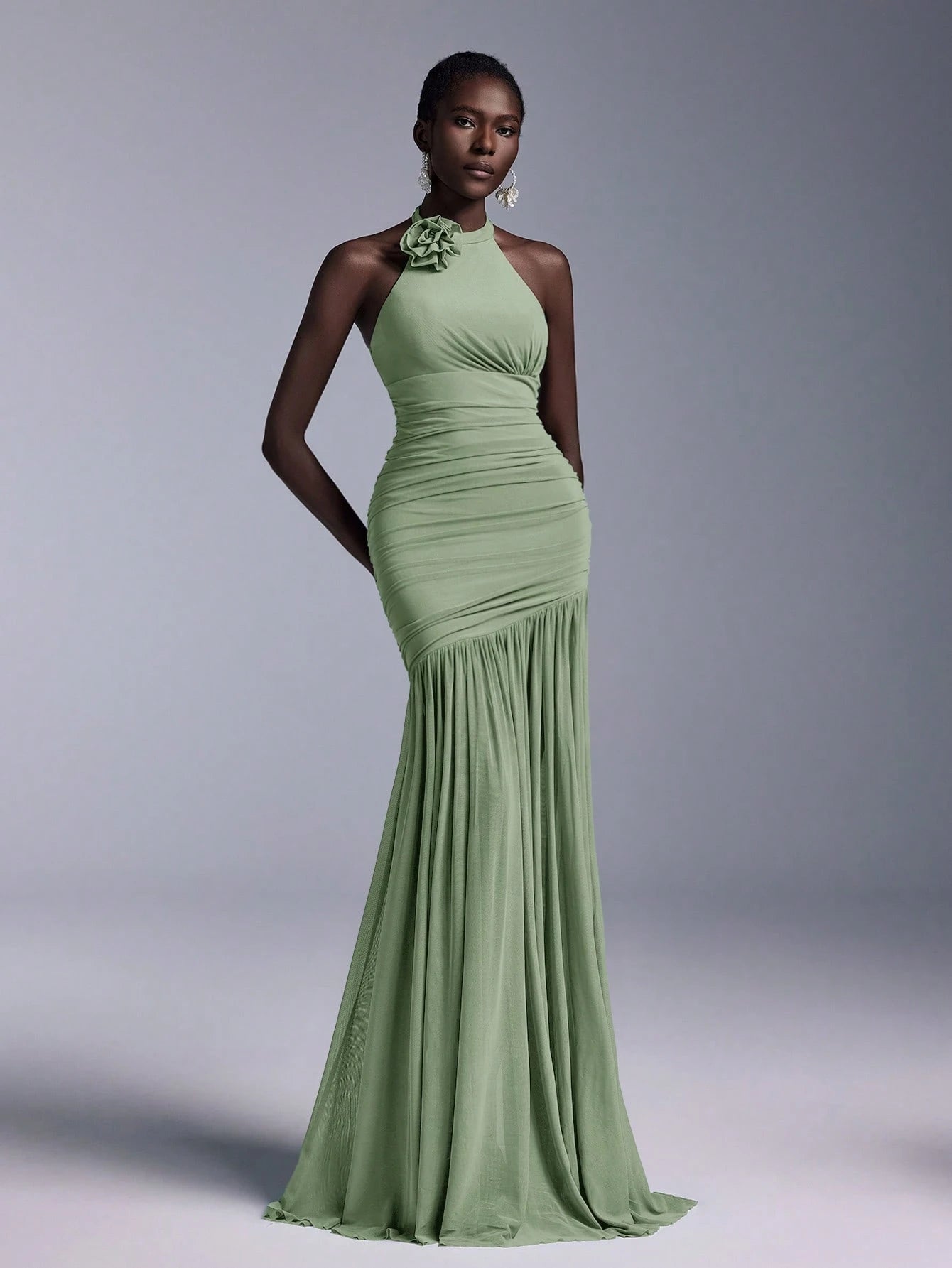 Belle Elegant High Neck Floral Bodice Ruched Mesh Sheer Fishtail Bridesmaid Dress - image 15