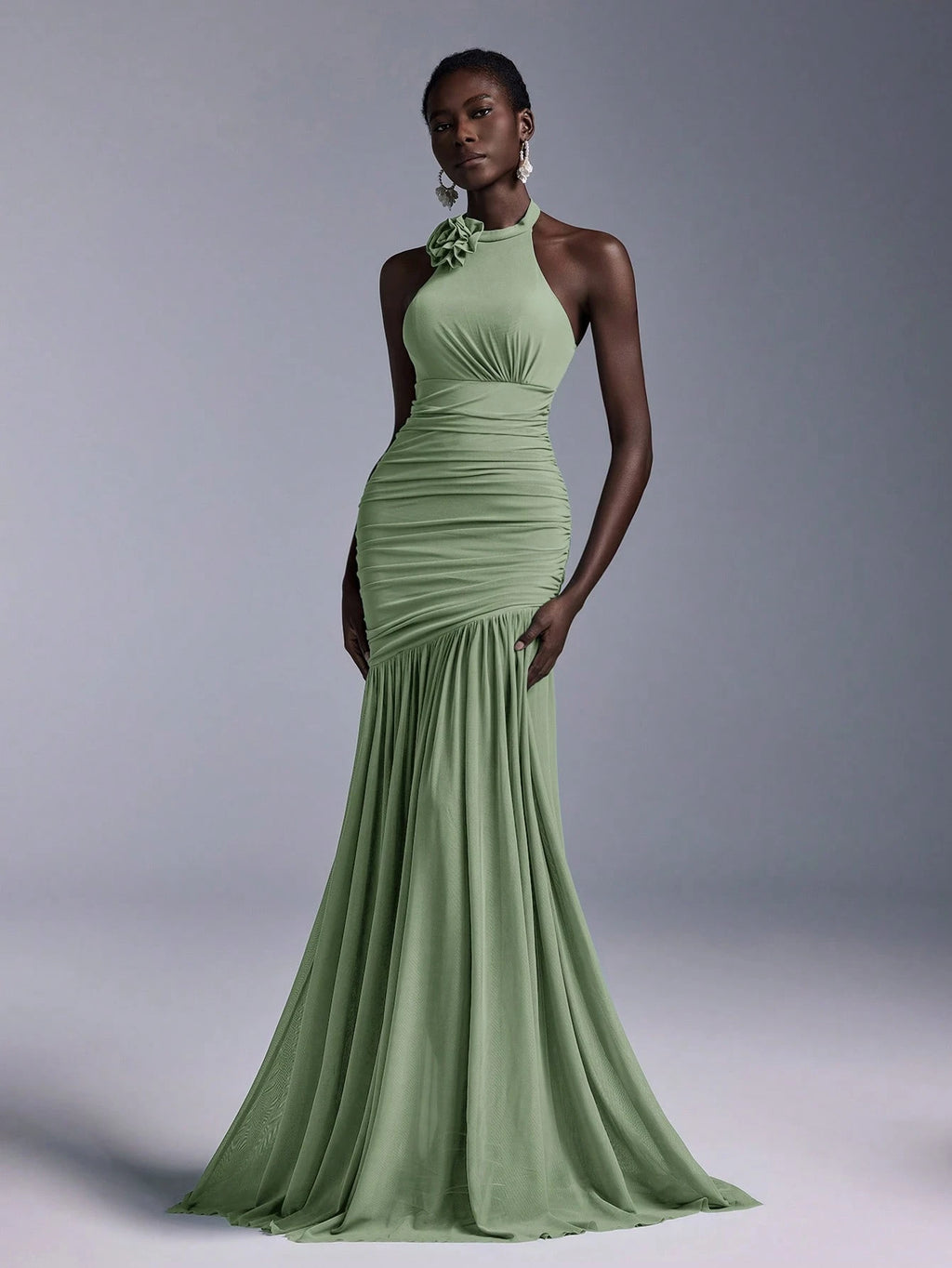 Belle Elegant High Neck Floral Bodice Ruched Mesh Sheer Fishtail Bridesmaid Dress - image 17