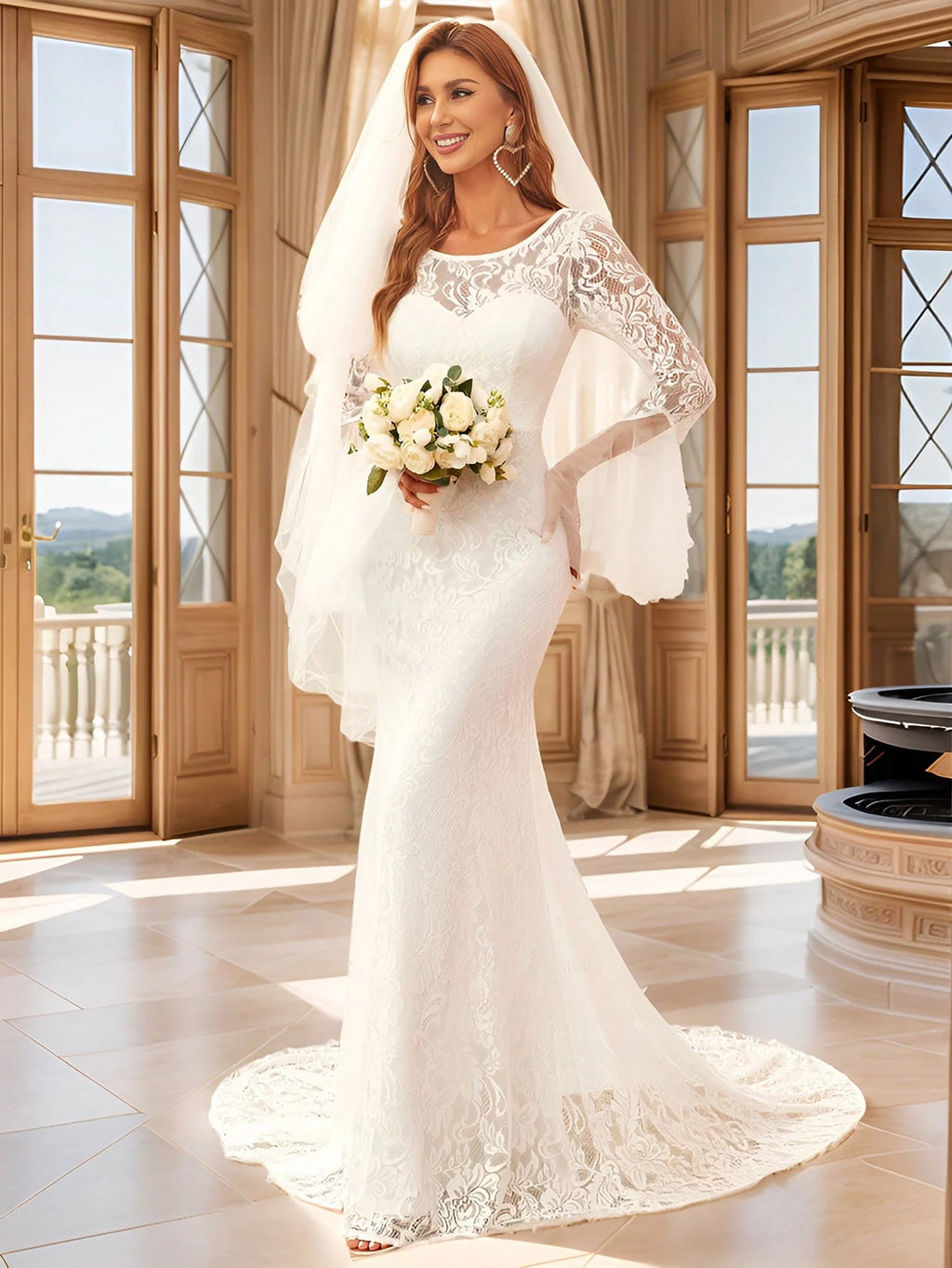 EVERPRETTY Classic Ruffle Sleeve Lace Mermaid Wedding Dress With Train, Suitable For Courthouse Wedding, - image 8