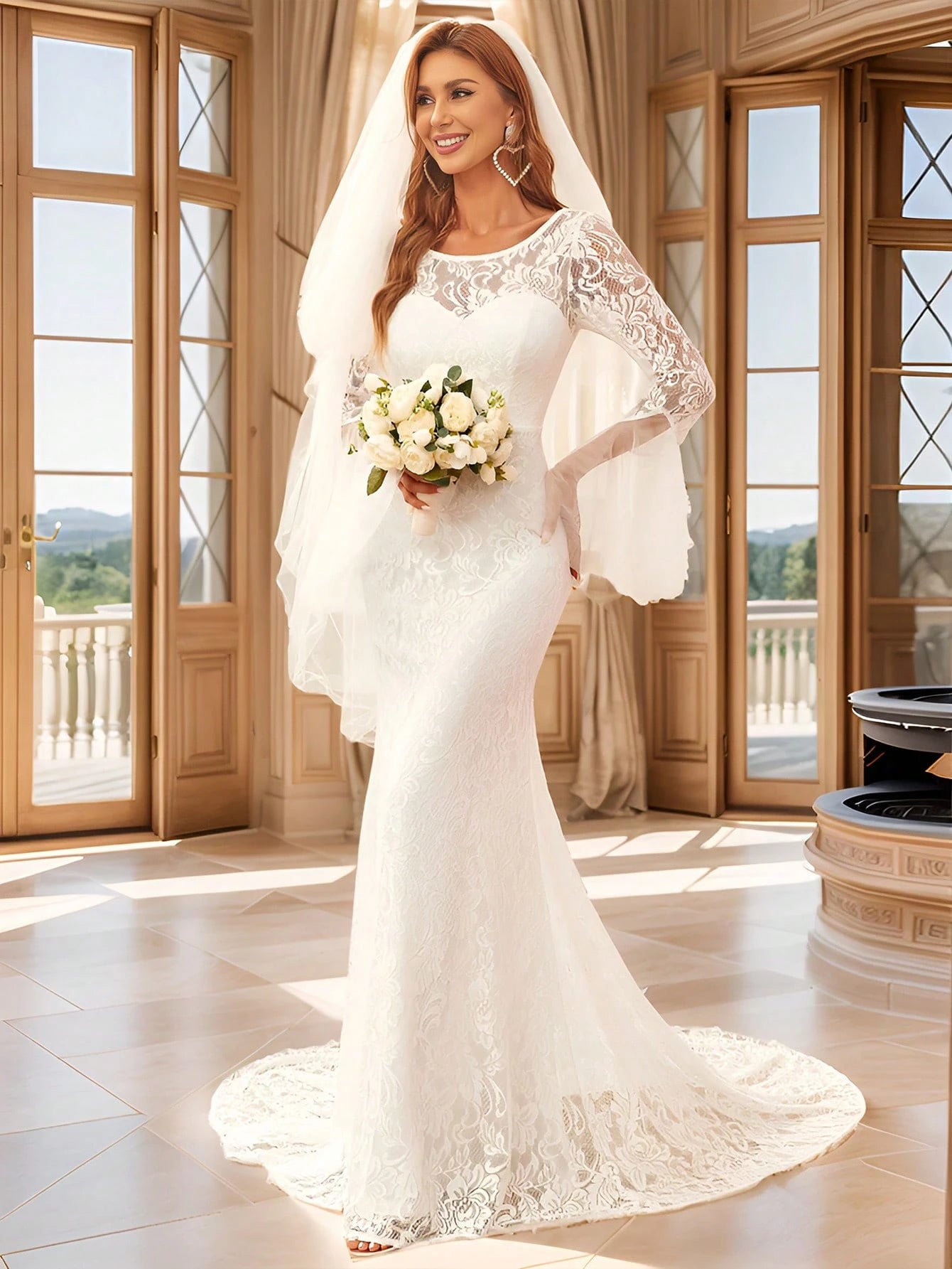 EVERPRETTY Classic Ruffle Sleeve Lace Mermaid Wedding Dress With Train, Suitable For Courthouse Wedding, - image 8