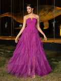 Elegant Strapless Notched Neckline Gown With Multi-Layered Tulle Skirt & Ultra-High Slit For Galas, Weddings,