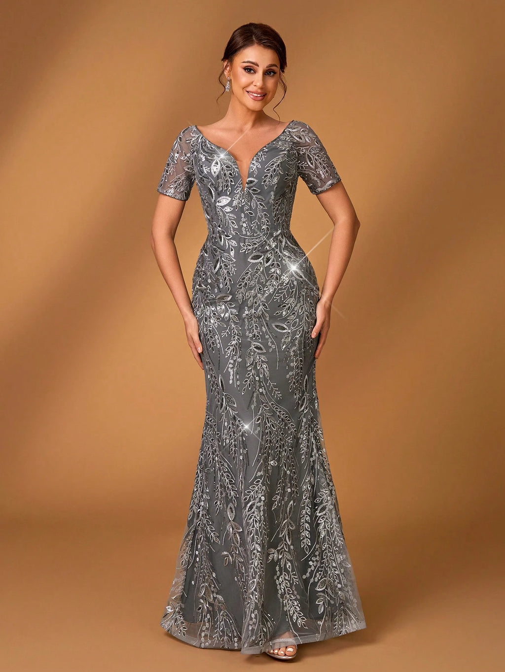 Serin Women's Elegant Sage Green Winter Formal Evening Wedding Dress,Sequins Embroidery One Shoulder Slim