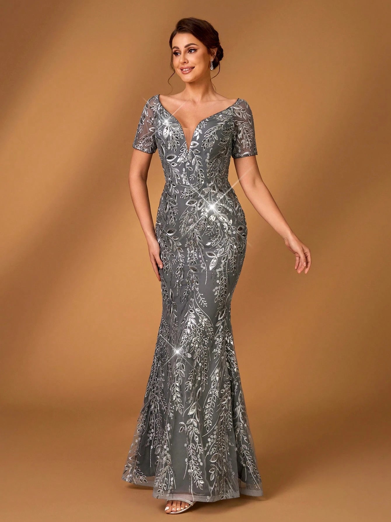 Serin Women's Elegant Sage Green Winter Formal Evening Wedding Dress,Sequins Embroidery One Shoulder Slim - image 3