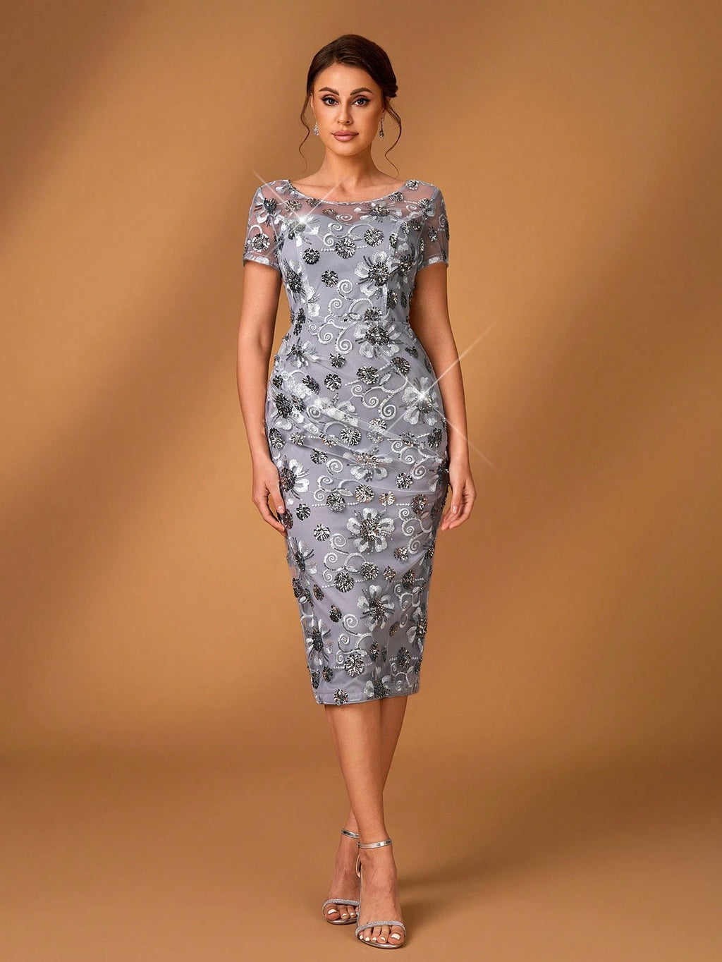 Serin Summer Elegant Gray Evening Wedding Dress,Gorgeous Luxury Sequin Embroidery Round Neck Cap Sleeve - image 12