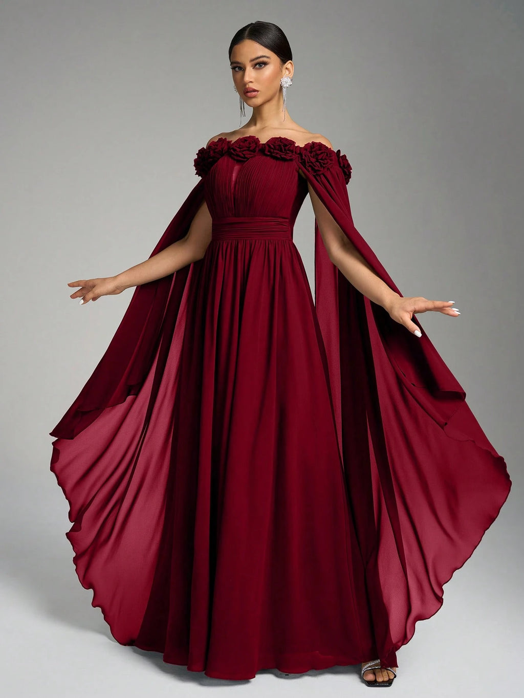 SUPGIR Off Shoulder Cape With Big Loose Sleeves, Pleated Waist, Floral Decor, Elegant Chiffon Dress Wedding - image 19