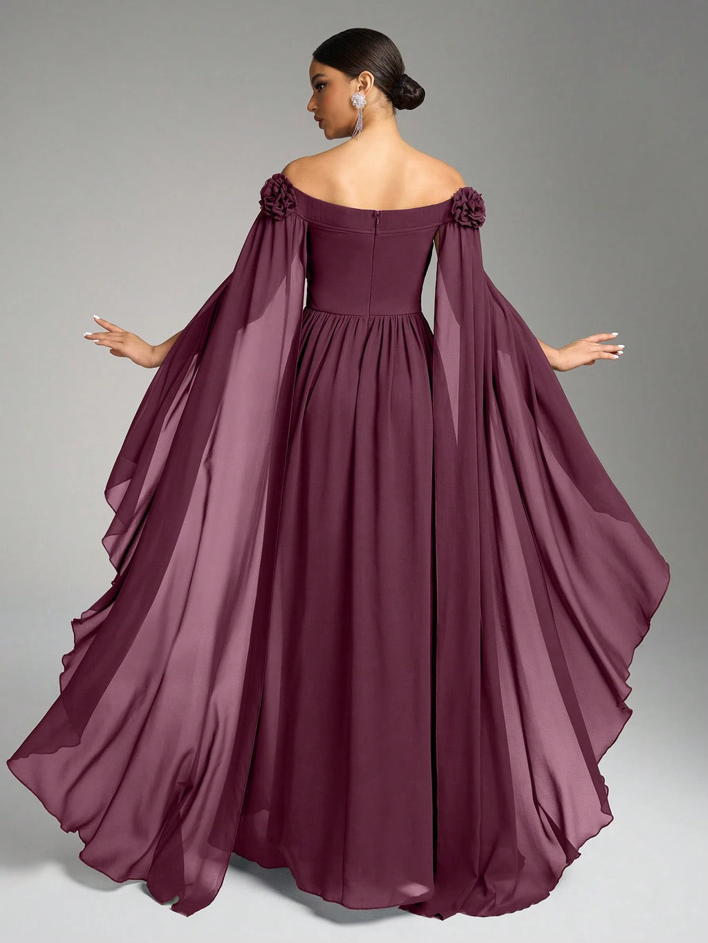 SUPGIR Off Shoulder Cape With Big Loose Sleeves, Pleated Waist, Floral Decor, Elegant Chiffon Dress Wedding - image 15