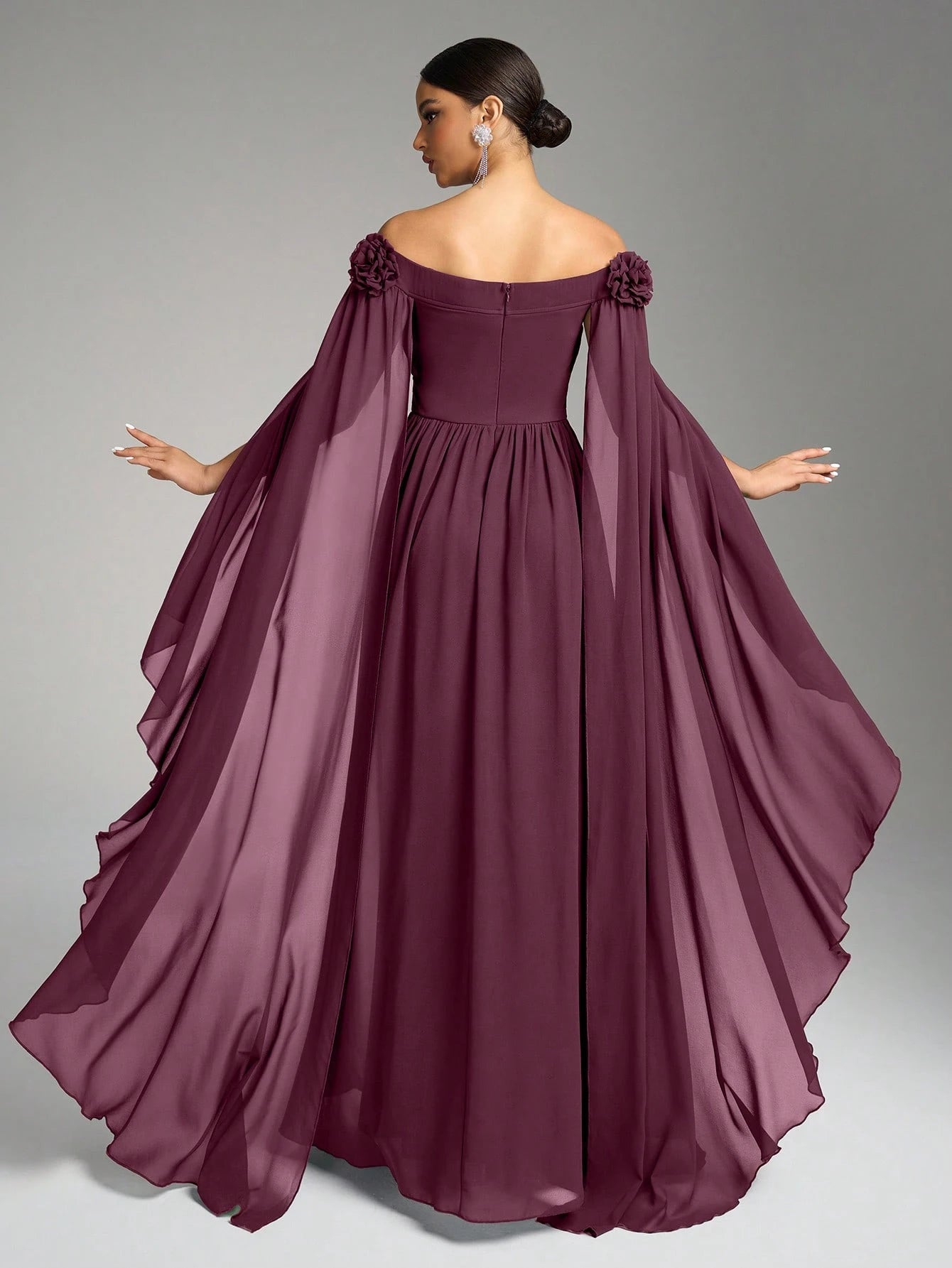 SUPGIR Off Shoulder Cape With Big Loose Sleeves, Pleated Waist, Floral Decor, Elegant Chiffon Dress Wedding - image 15