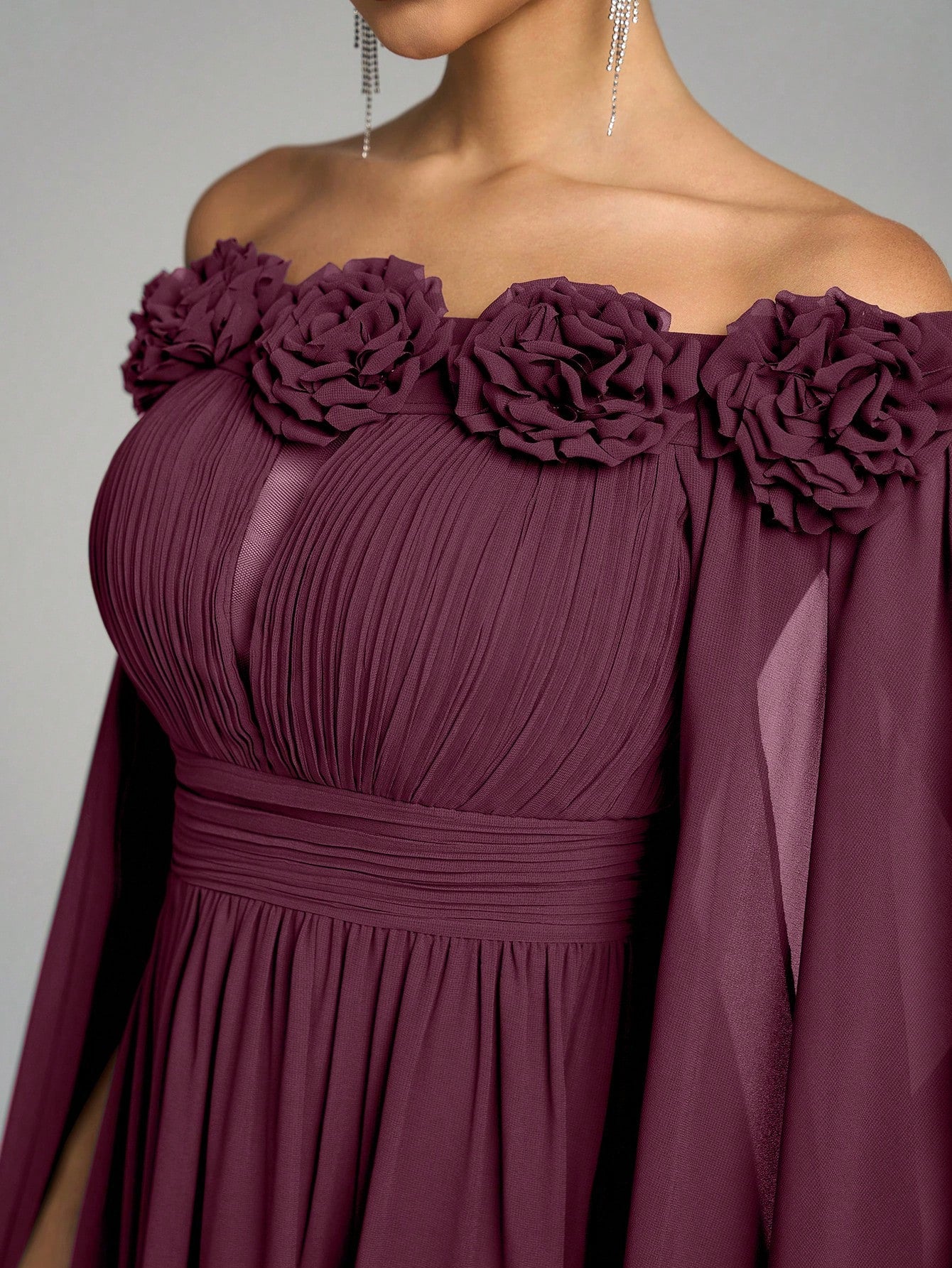 SUPGIR Off Shoulder Cape With Big Loose Sleeves, Pleated Waist, Floral Decor, Elegant Chiffon Dress Wedding - image 17