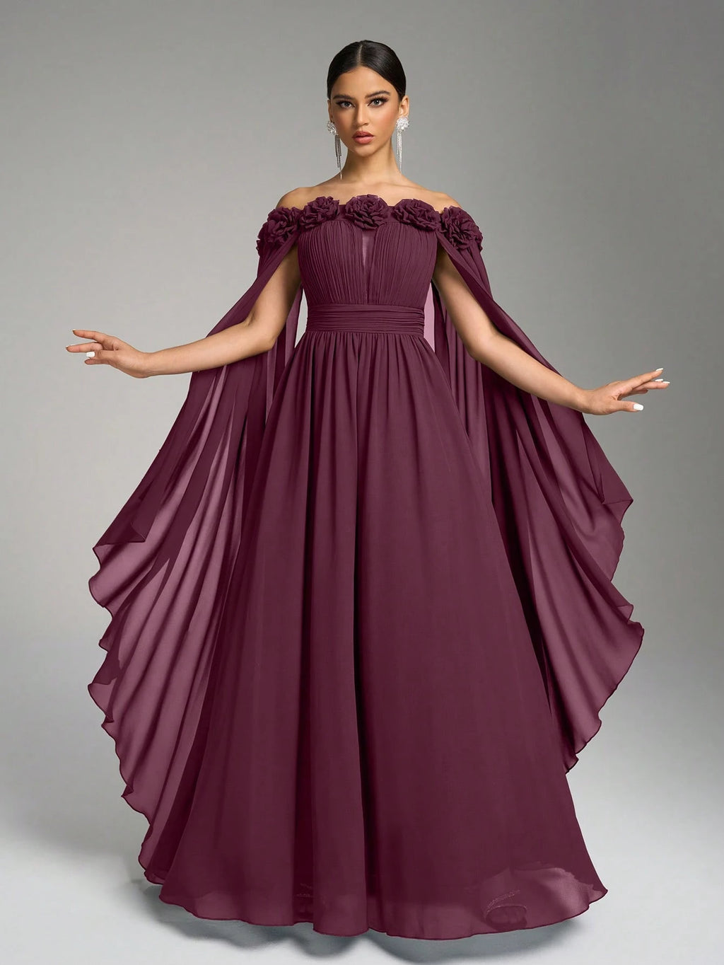 SUPGIR Off Shoulder Cape With Big Loose Sleeves, Pleated Waist, Floral Decor, Elegant Chiffon Dress Wedding - image 11
