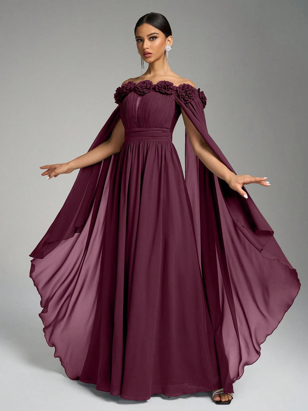 SUPGIR Off Shoulder Cape With Big Loose Sleeves, Pleated Waist, Floral Decor, Elegant Chiffon Dress Wedding - image 16