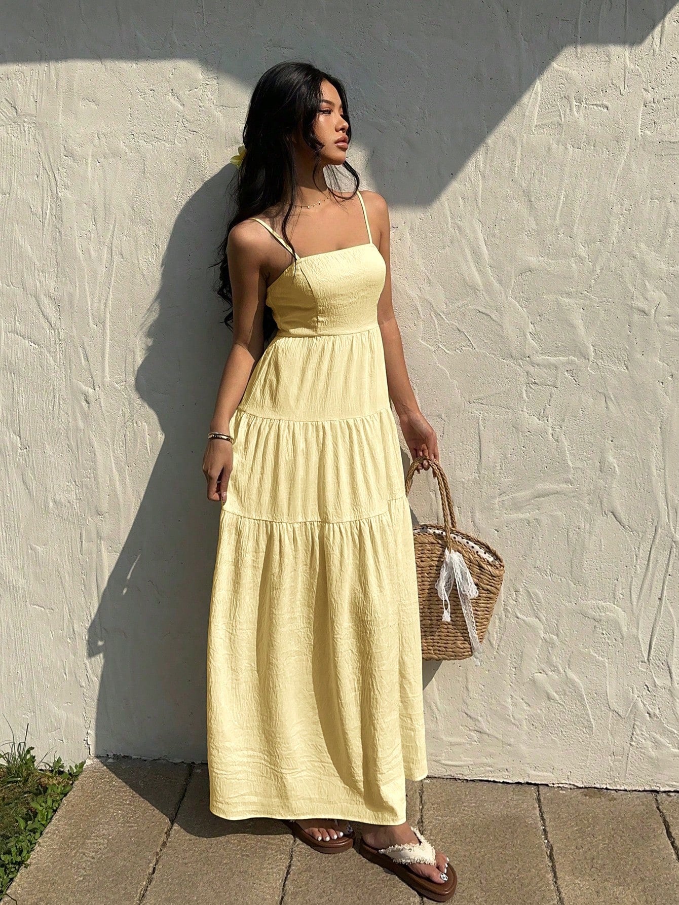 Sunnyshic Light Apricot Textured Fabric Pleated Tube Top Wide Loose Waist Dress With Spaghetti Straps, - image 7