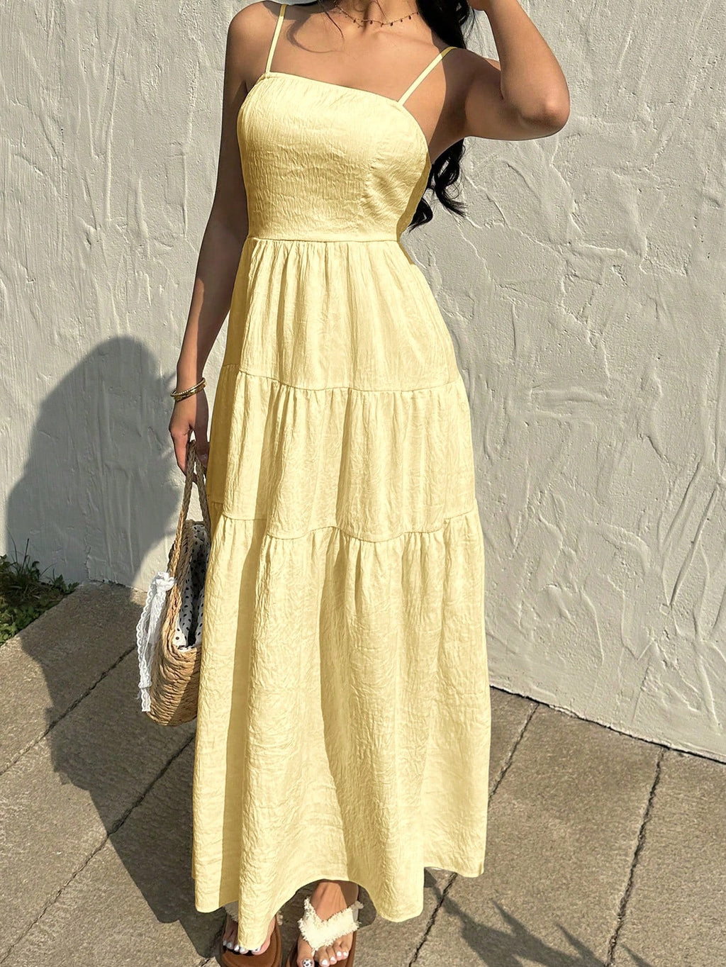 Sunnyshic Light Apricot Textured Fabric Pleated Tube Top Wide Loose