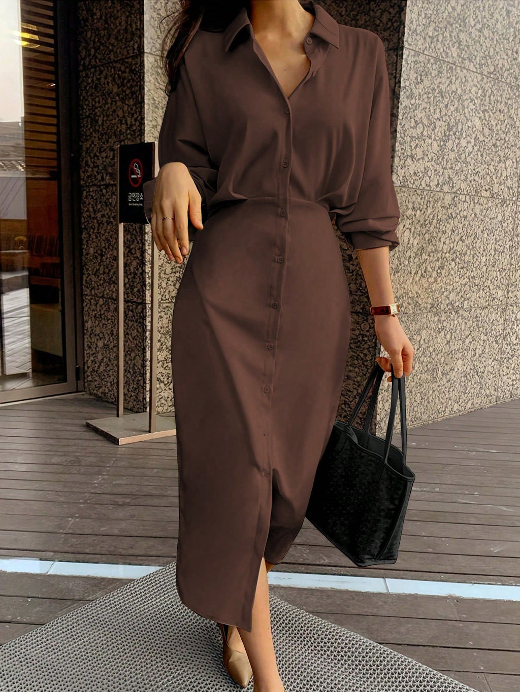 Women's Elegant Solid Color Shirt Dress, Long Sleeve Button Front