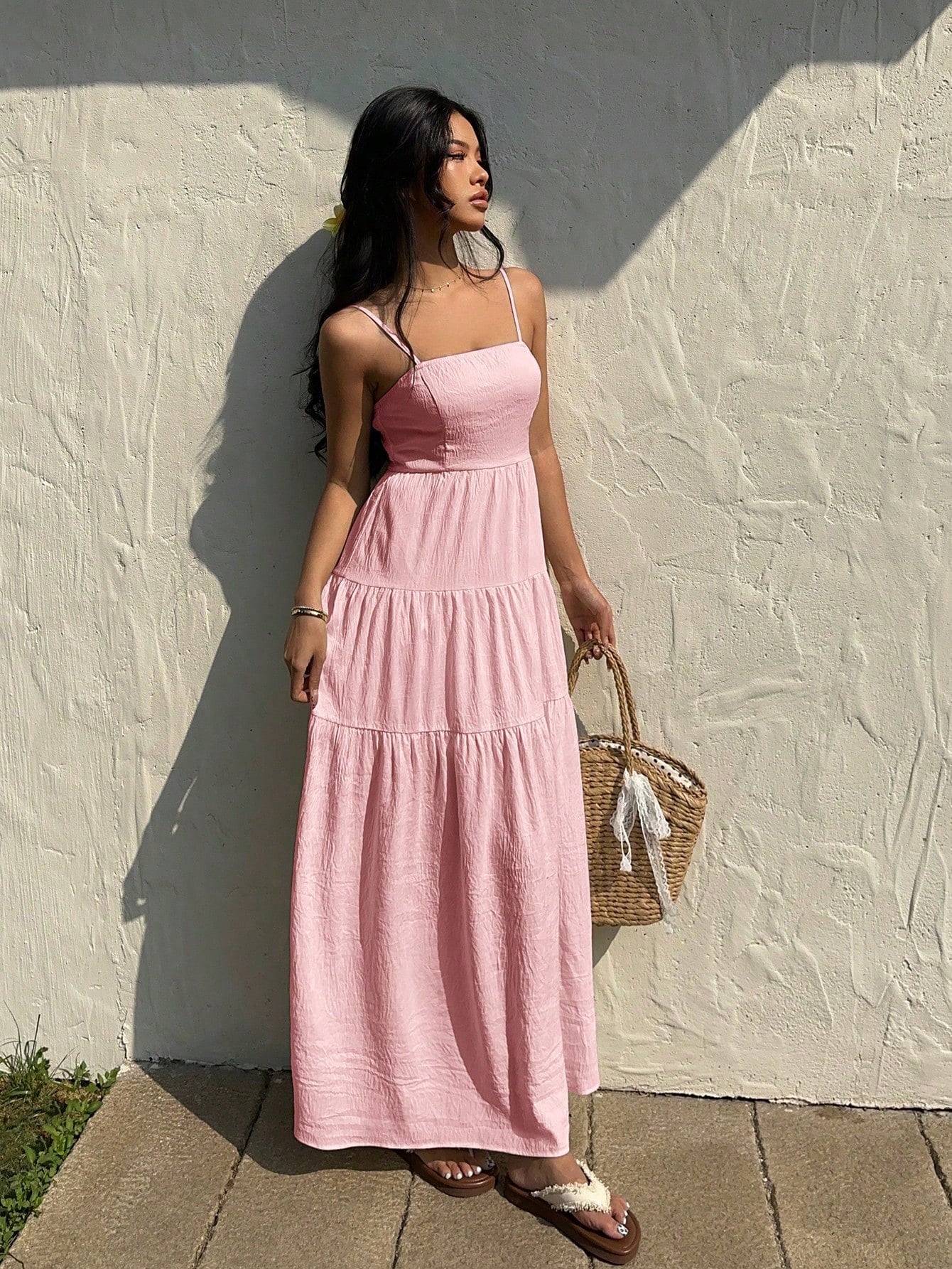Sunnyshic Light Apricot Textured Fabric Pleated Tube Top Wide Loose