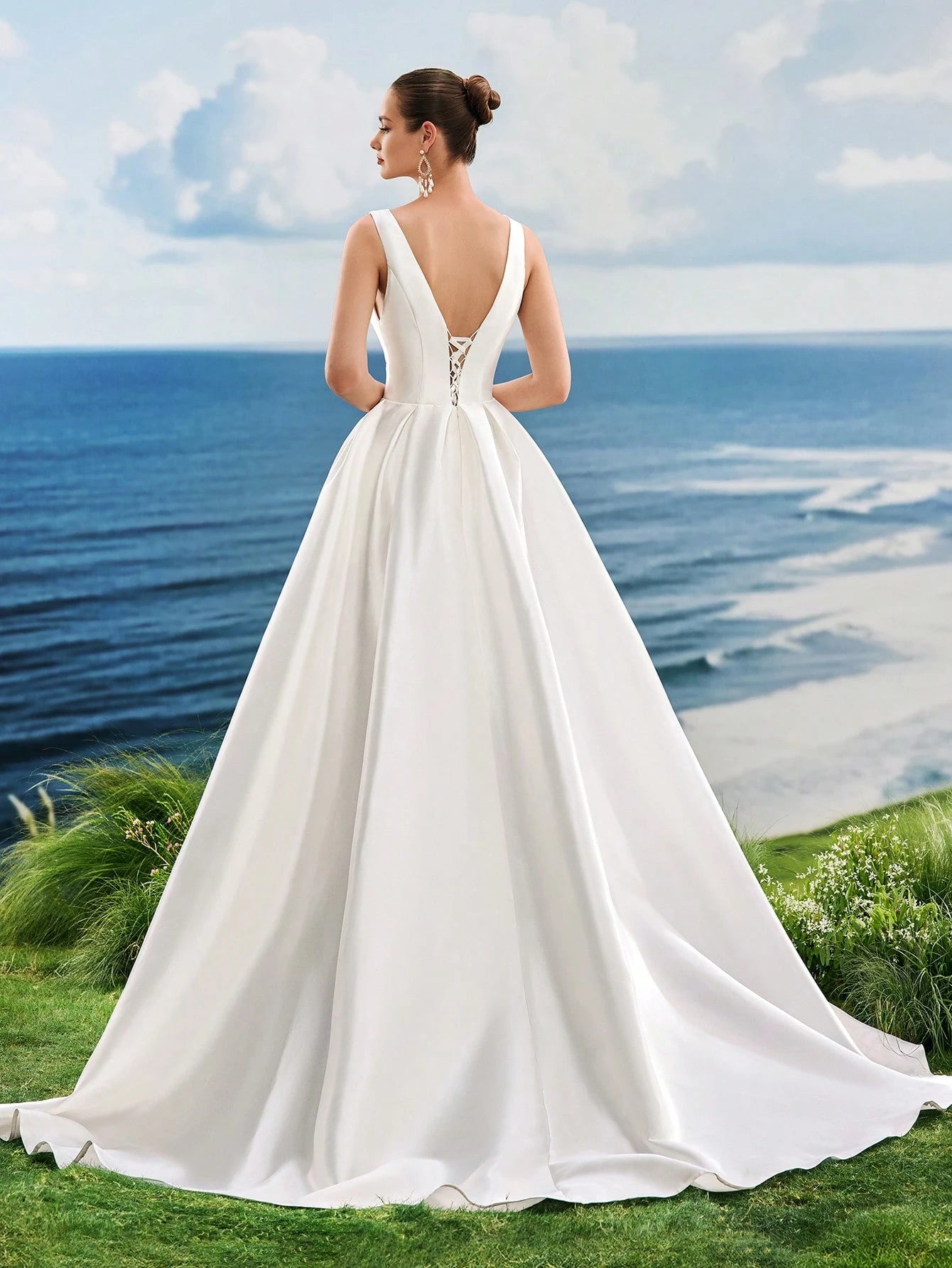 Women's Solid Color Deep V-Neck Slit White Formal Evening Dress, Bridal Wedding Gown - image 3