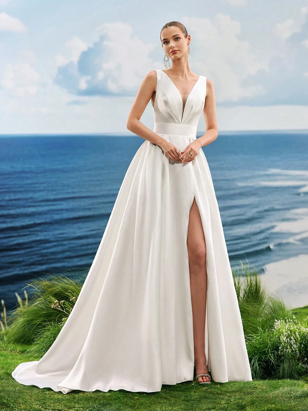 Women's Solid Color Deep V-Neck Slit White Formal Evening Dress, Bridal Wedding Gown - image 5