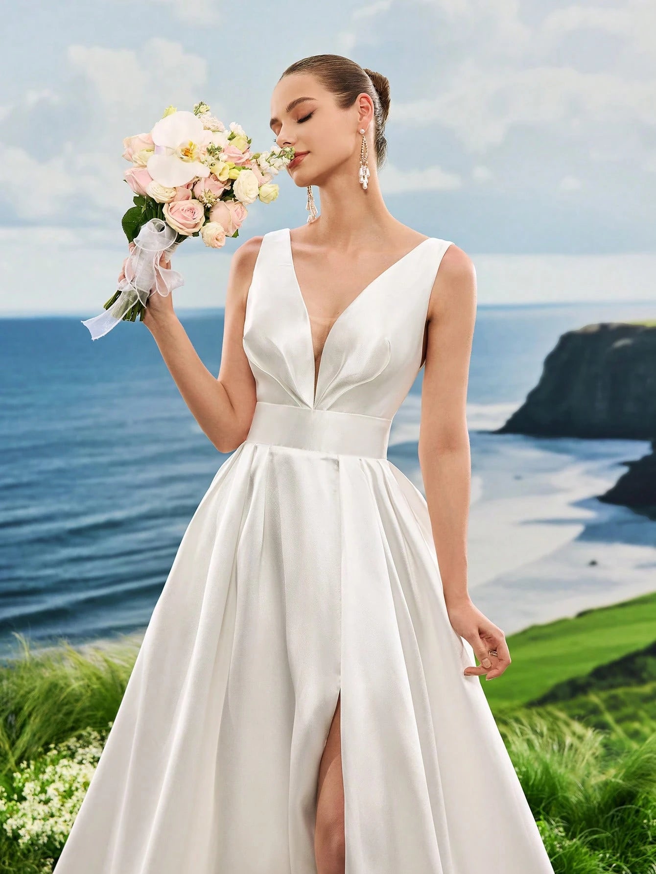Women's Solid Color Deep V-Neck Slit White Formal Evening Dress, Bridal Wedding Gown - image 2