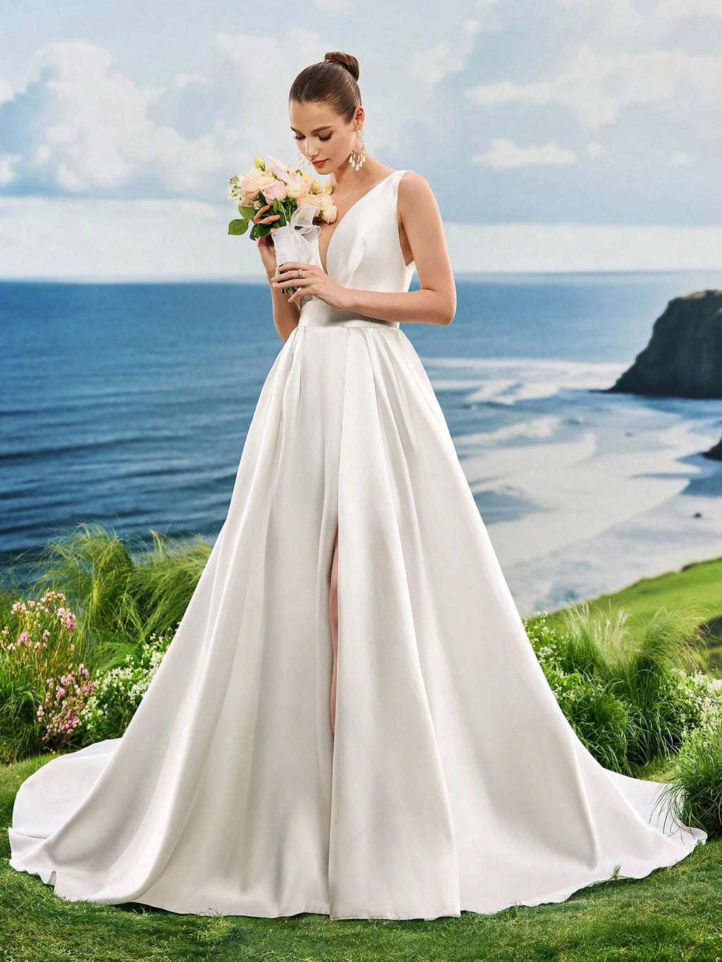 Women's Solid Color Deep V-Neck Slit White Formal Evening Dress, Bridal Wedding Gown - image 4